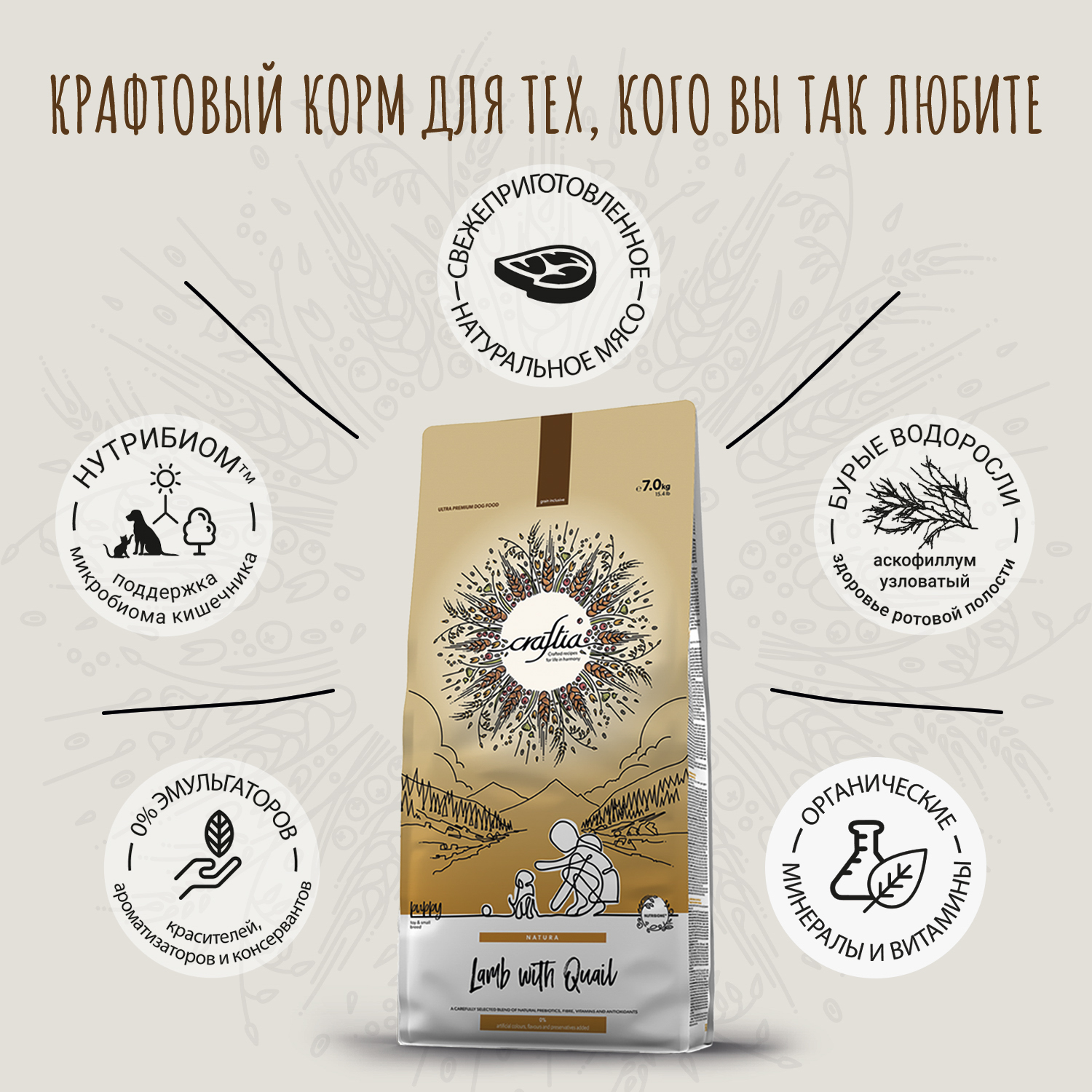Сухой корм CRAFTIA NATURA для щенков миниатюрных и мелких пород из ягненка с перепелкой 7 кг