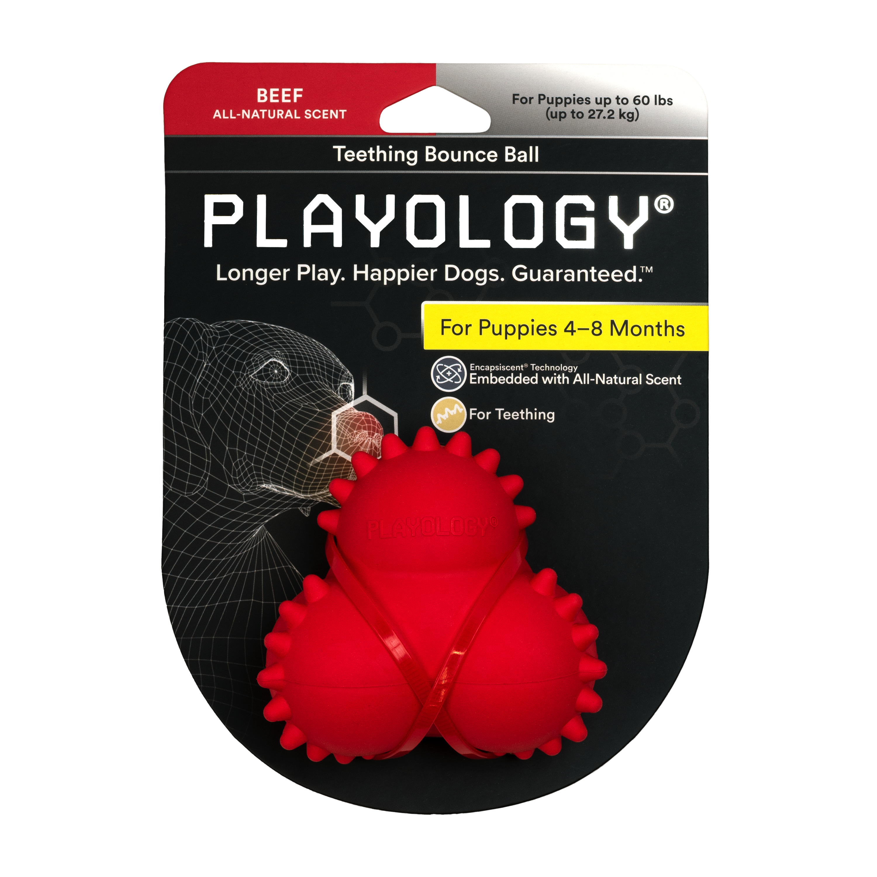 Playology дентальный жевательный тройной мяч SQUEAKY BOUNCE BALL для щенков 4-8 месяцев с ароматом говядины, цвет красный СКИДКА 50%