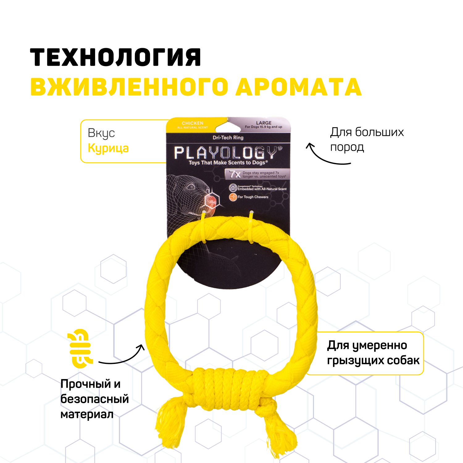 Playology  жевательное кольцо-канат DRI-TECH RING для собак средних и крупных пород с ароматом курицы, цвет желтый СКИДКА 50%