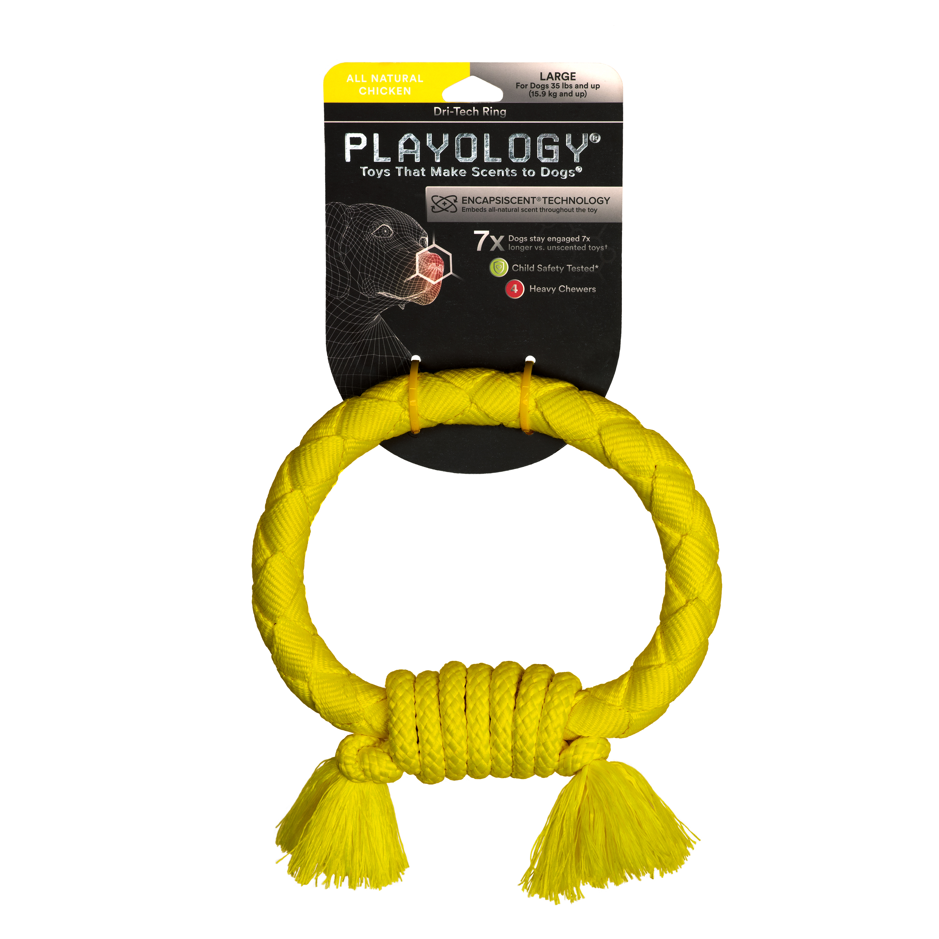 Playology  жевательное кольцо-канат DRI-TECH RING для собак средних и крупных пород с ароматом курицы, цвет желтый СКИДКА 50%