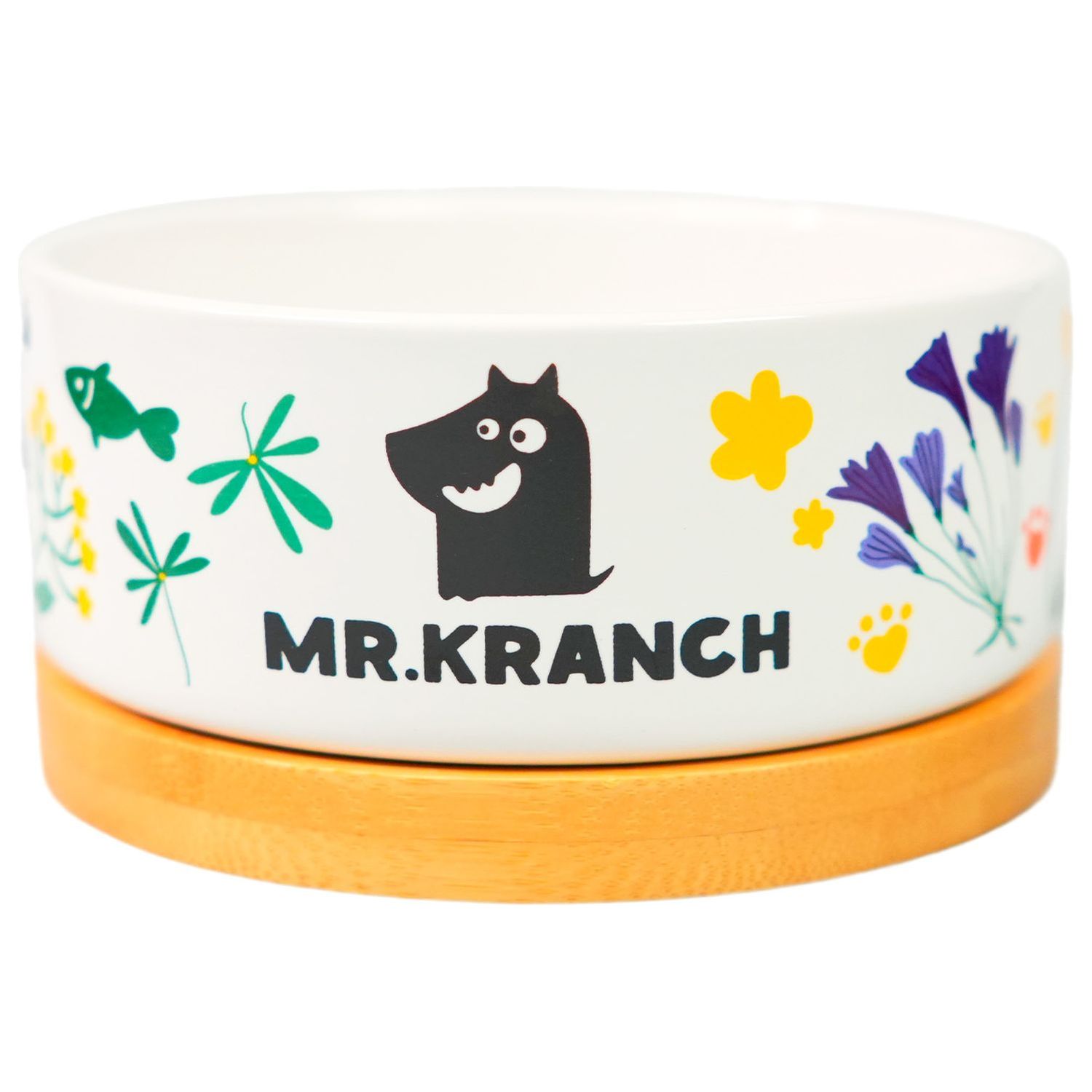 Миска Mr.Kranch Bamboo 340 мл Цветы Прованса керамическая на бамбуковой подставке, васильковая