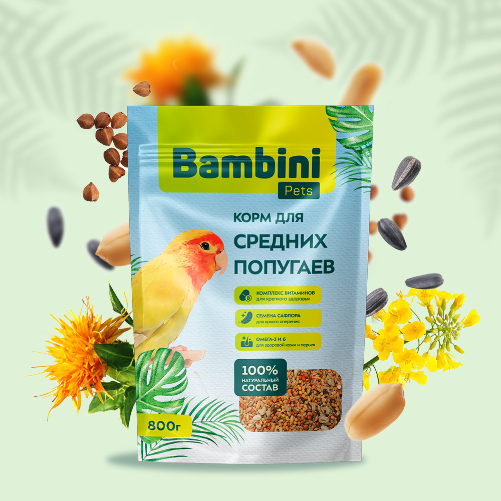 Корм Bambini Pets для средних попугаев, 800 г