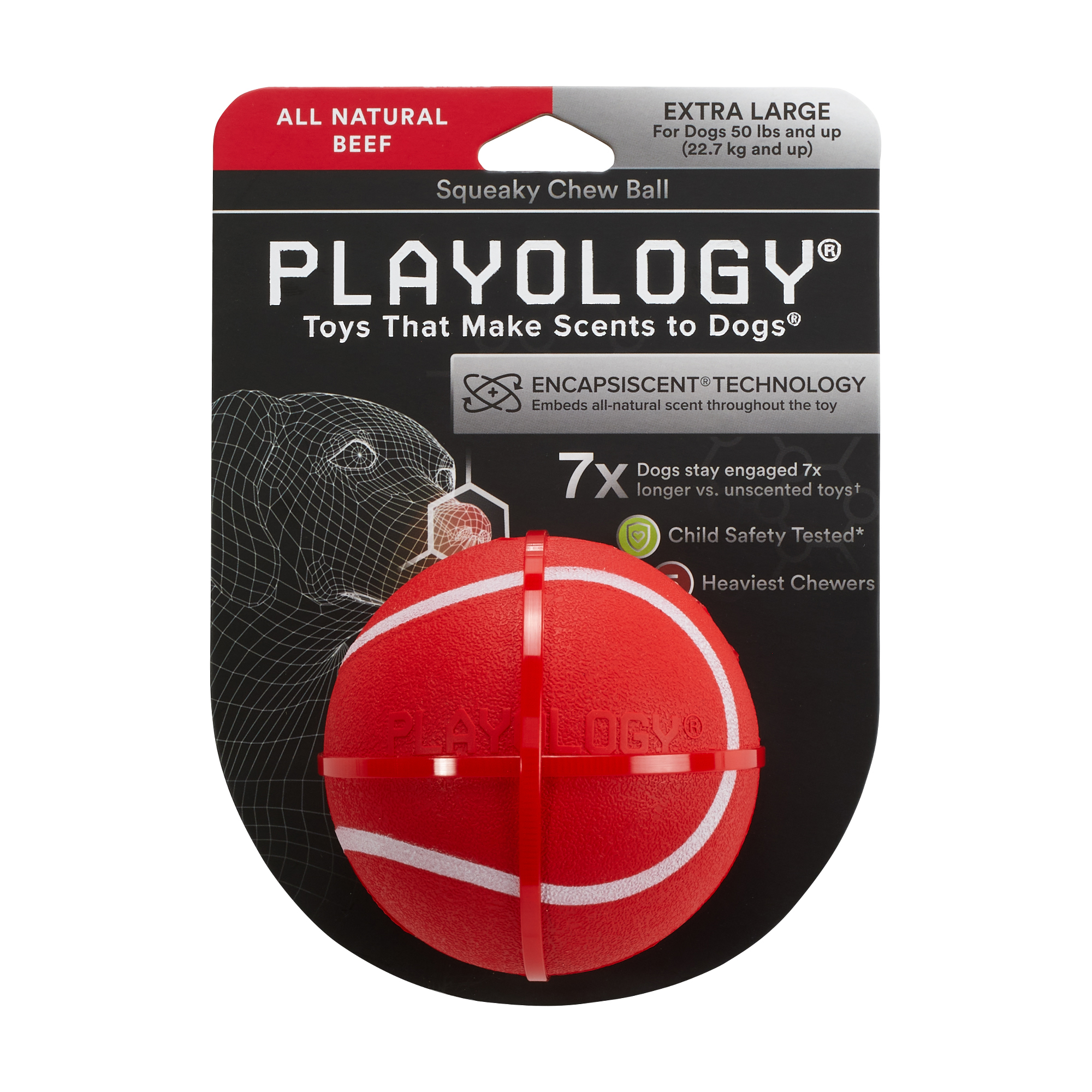 Playology жевательный мяч SQUEAKY CHEW BALL 8 см для собак средних и крупных пород с пищалкой и с ароматом говядины, цвет красный СКИДКА 50%