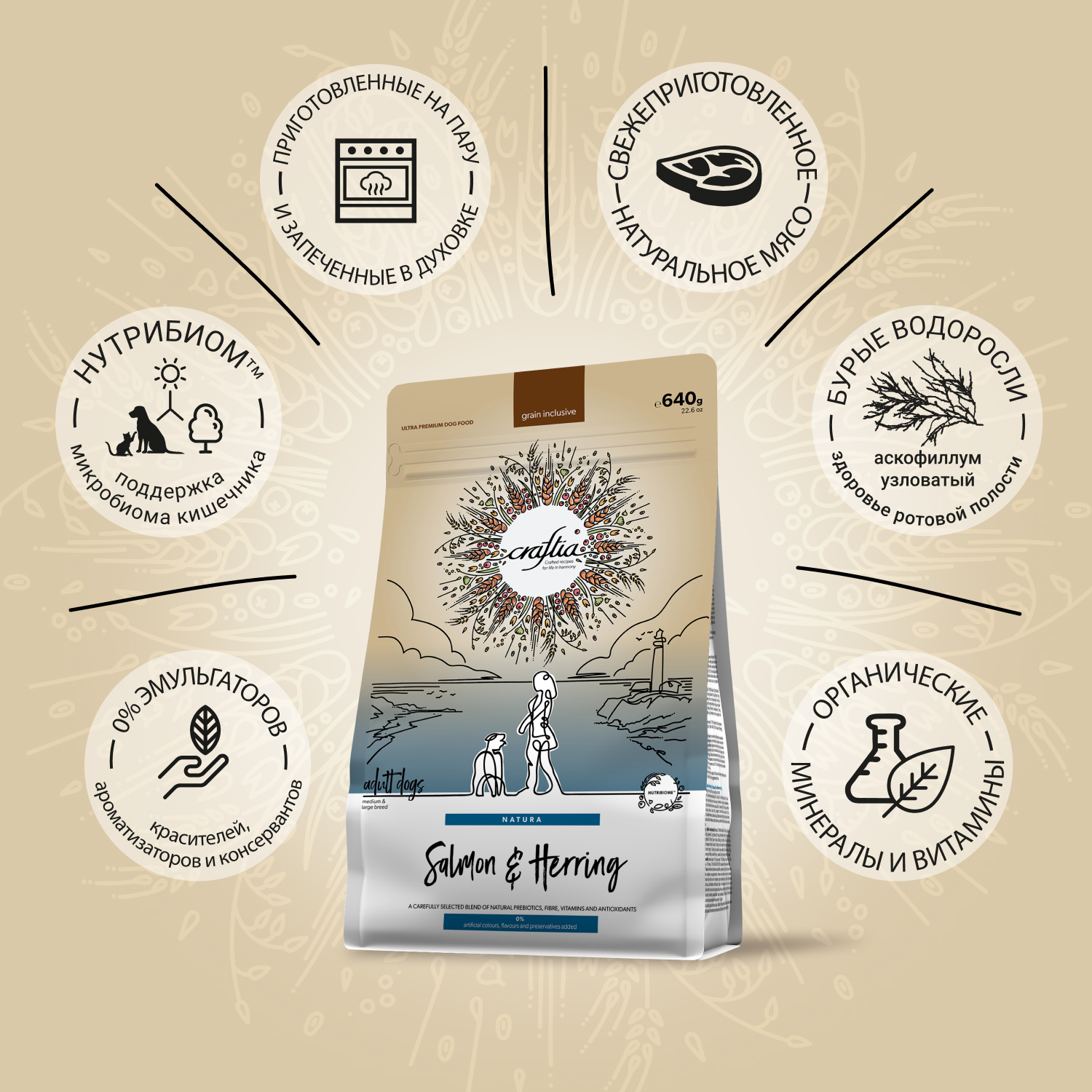 Сухой корм CRAFTIA NATURA для взрослых собак средних и крупных пород из лосося и сельди 640 г