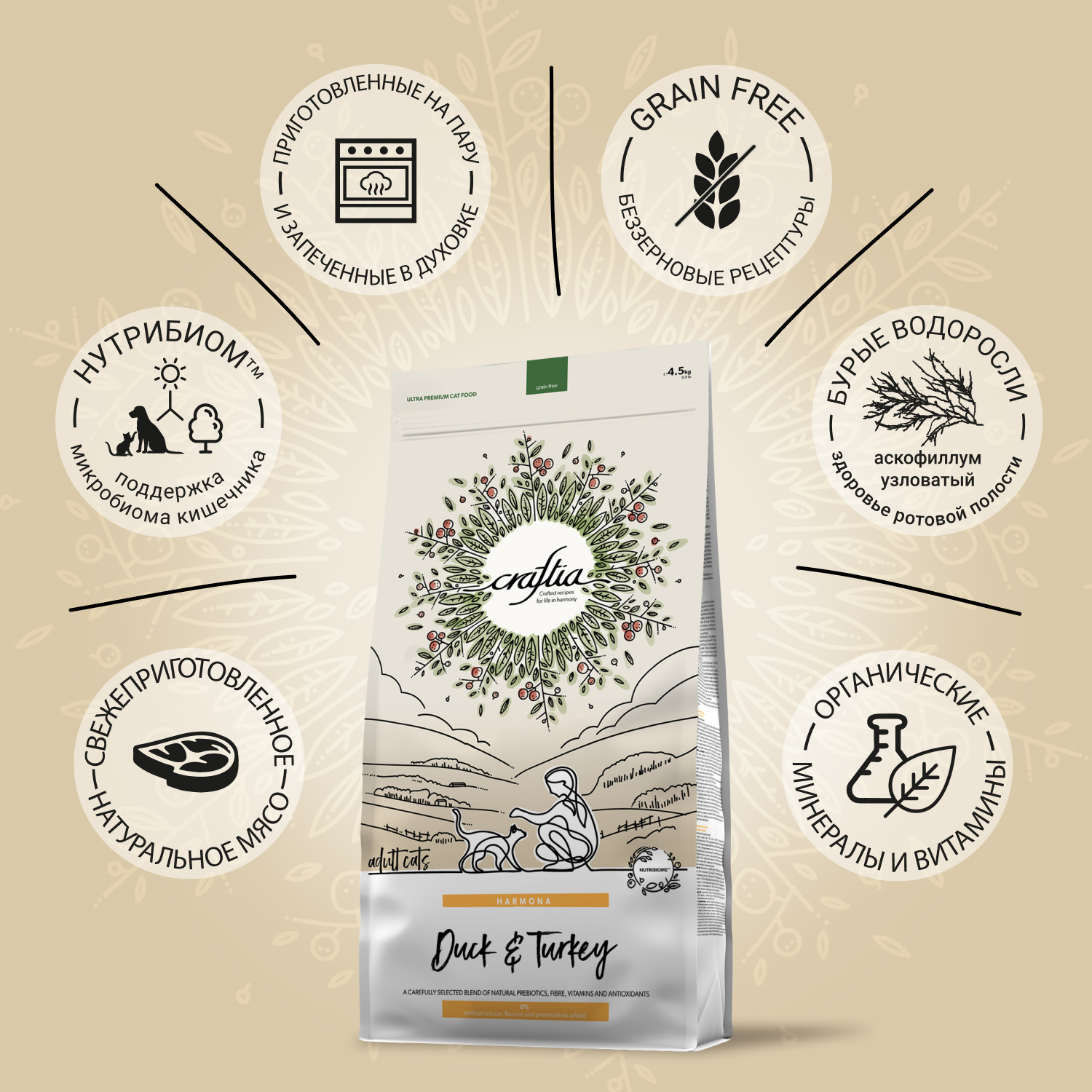 Сухой корм CRAFTIA HARMONA для взрослых кошек из утки и индейки 4,5 кг