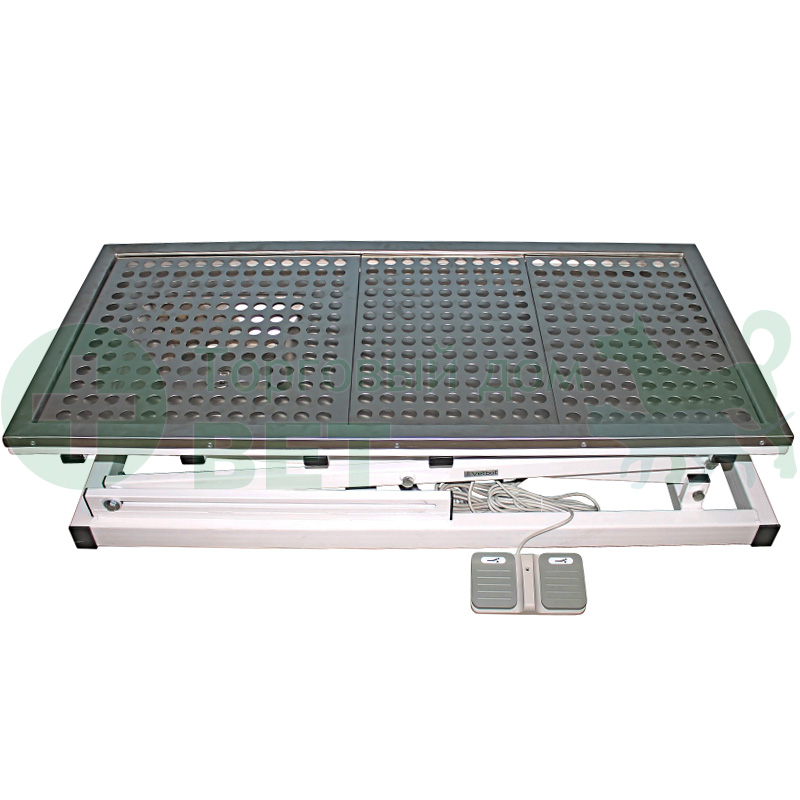 ТД ВЕТ Стол ветеринарный стоматологический VETBOT-77 с мойкой, столешница перф. лист нерж.сталь,  1300x600x(300- 1190)h мм (каркас белый, пульт ножной