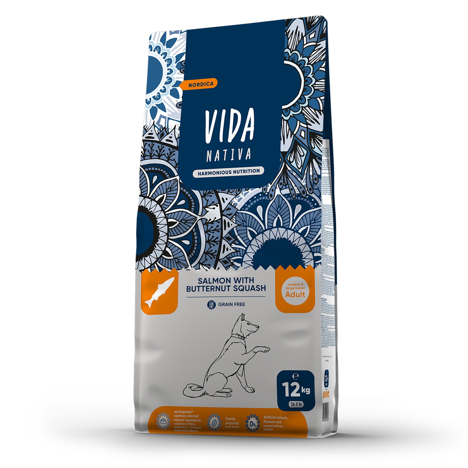 Сухой корм VIDA NATIVA для взрослых собак средних и крупных пород из лосося с мускатной тыквой 12 кг