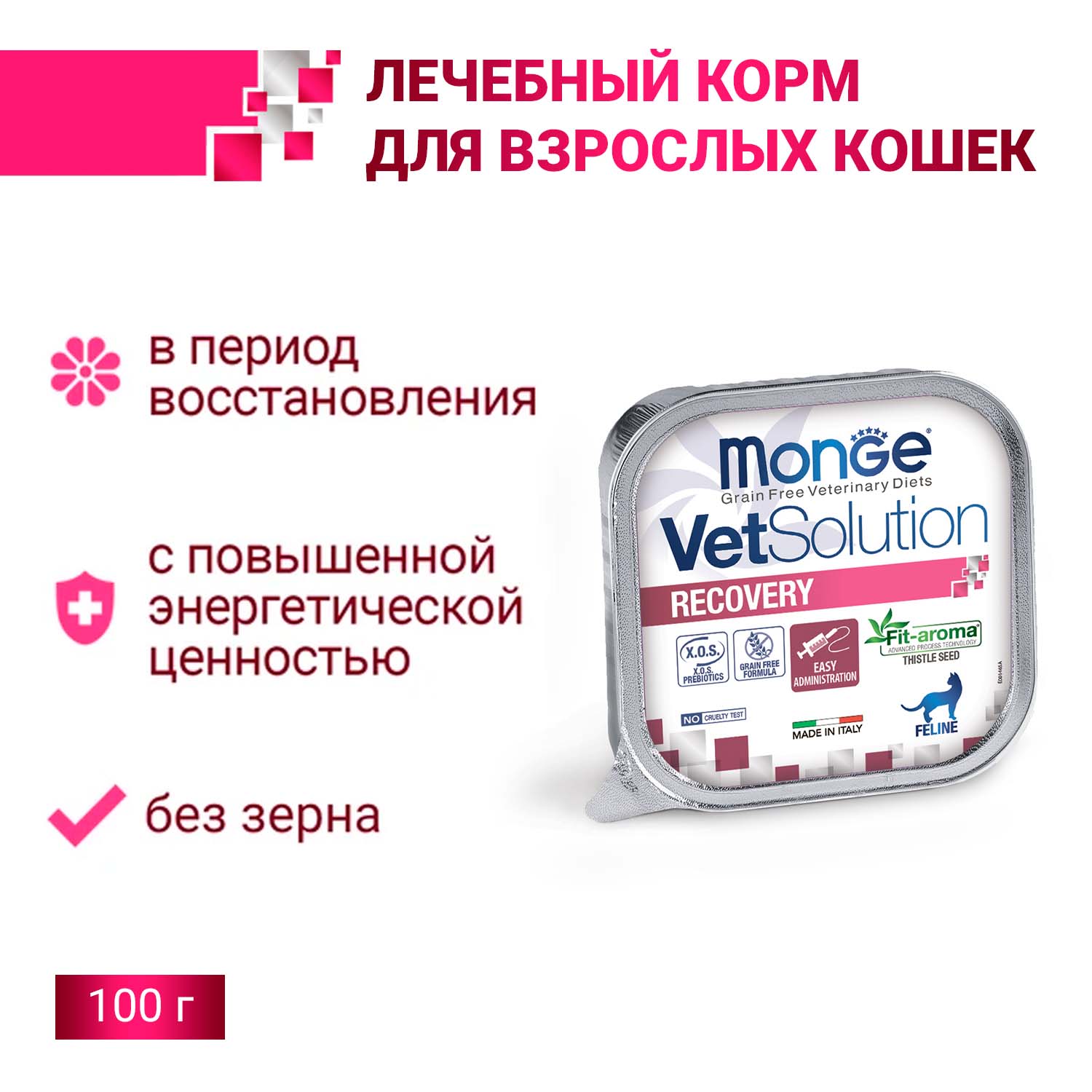 Диетический корм Monge VetSolution Cat Recovery Рекавери для кошек при восстановлении питания в период выздоровления 100 г