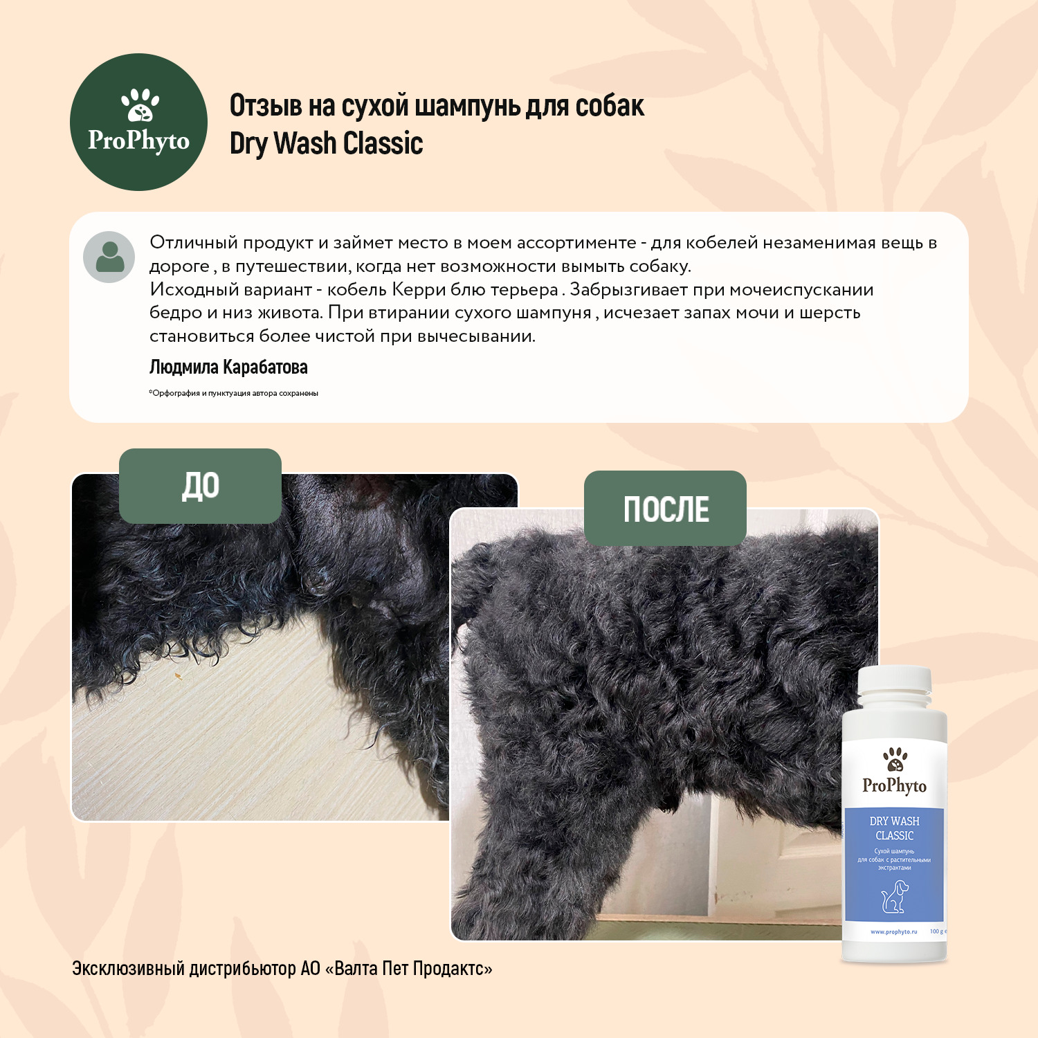 Сухой шампунь ProPhyto DRY WASH CLASSIC (порошок)  для блеска и мягкости шерсти собак, 100 г