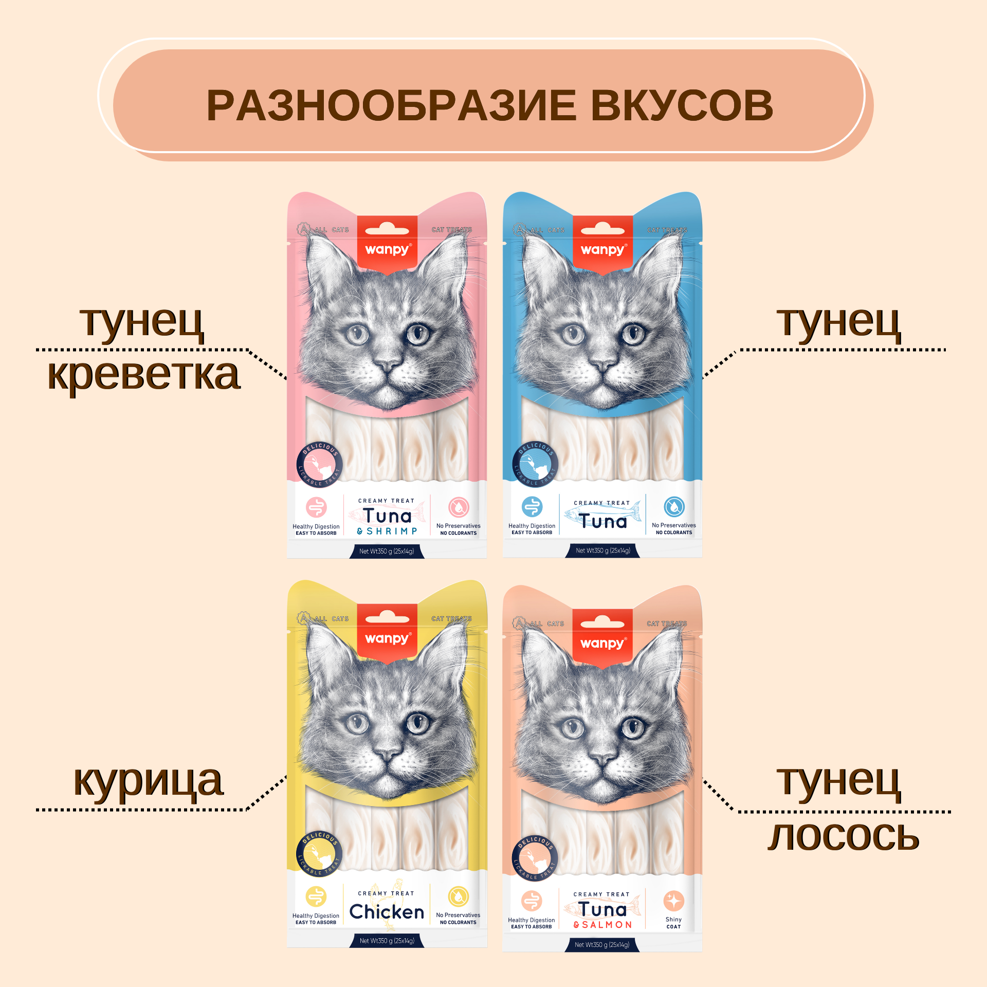 Wanpy Cat Лакомство для кошек "нежное пюре" из тунца и лосося 25 шт х14 г
