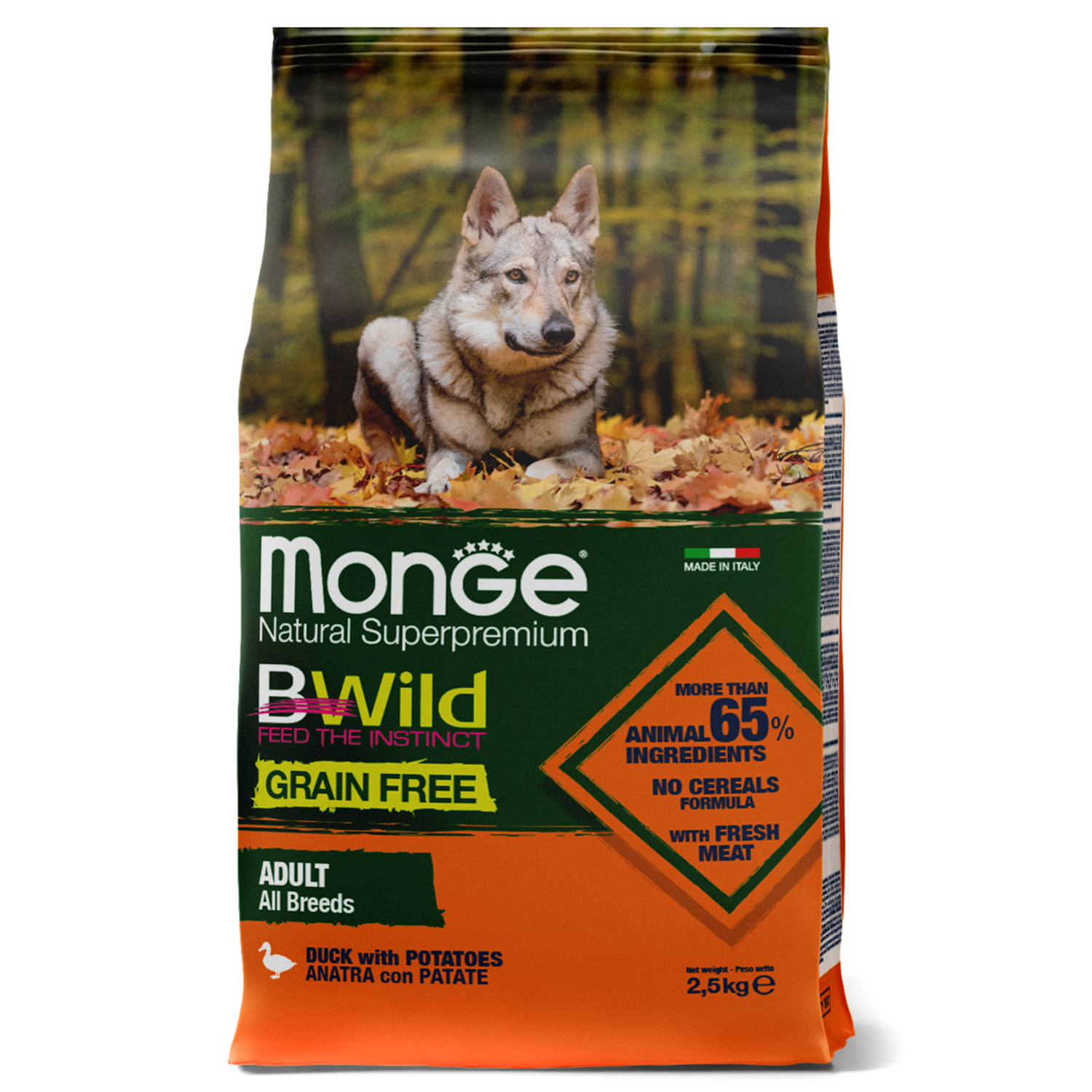 Сухой корм Monge Dog BWild GRAIN FREE для взрослых собак, беззерновой, утка с картофелем 2,5 кг