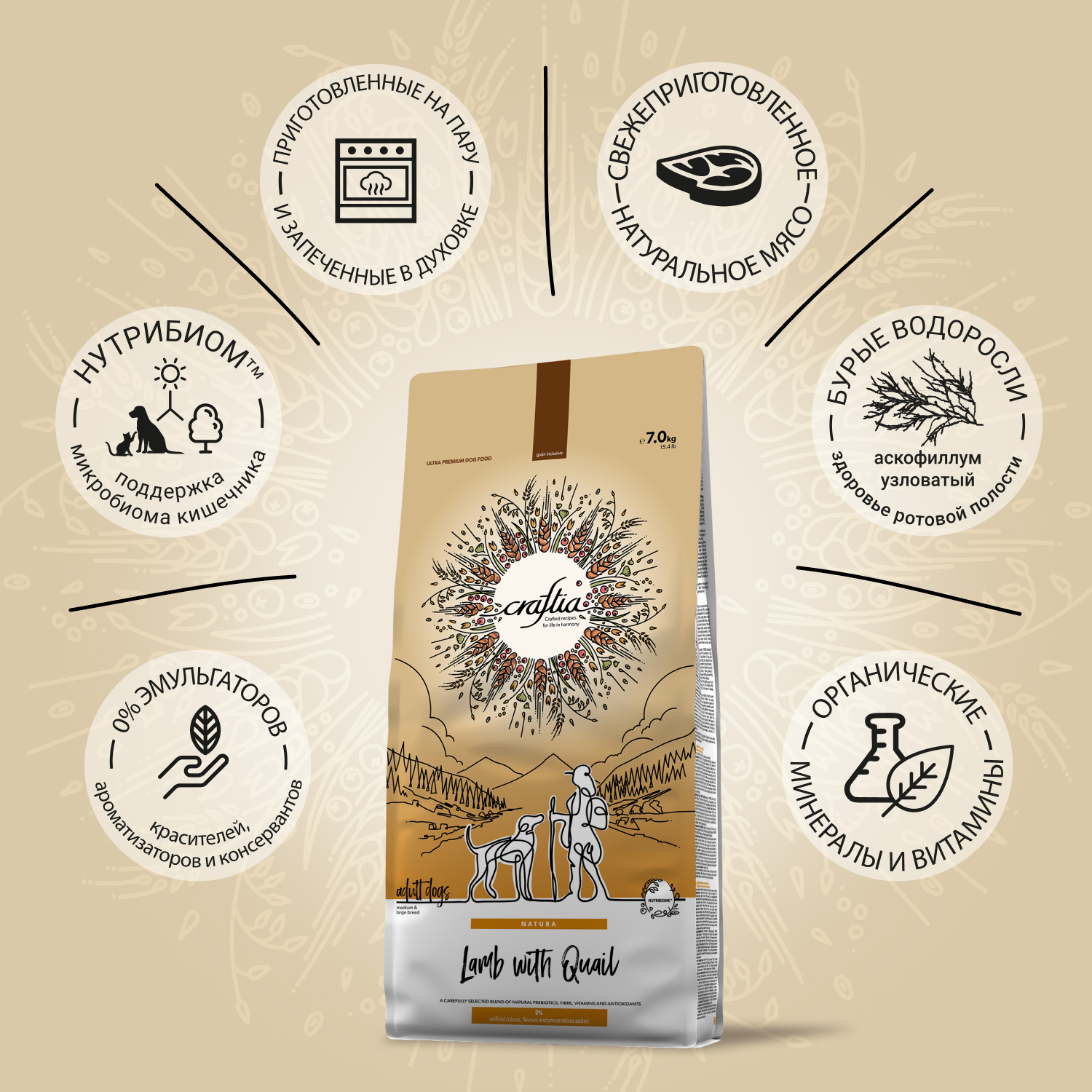 Сухой корм CRAFTIA NATURA для взрослых собак средних и крупных пород из ягненка с перепелкой 7 кг