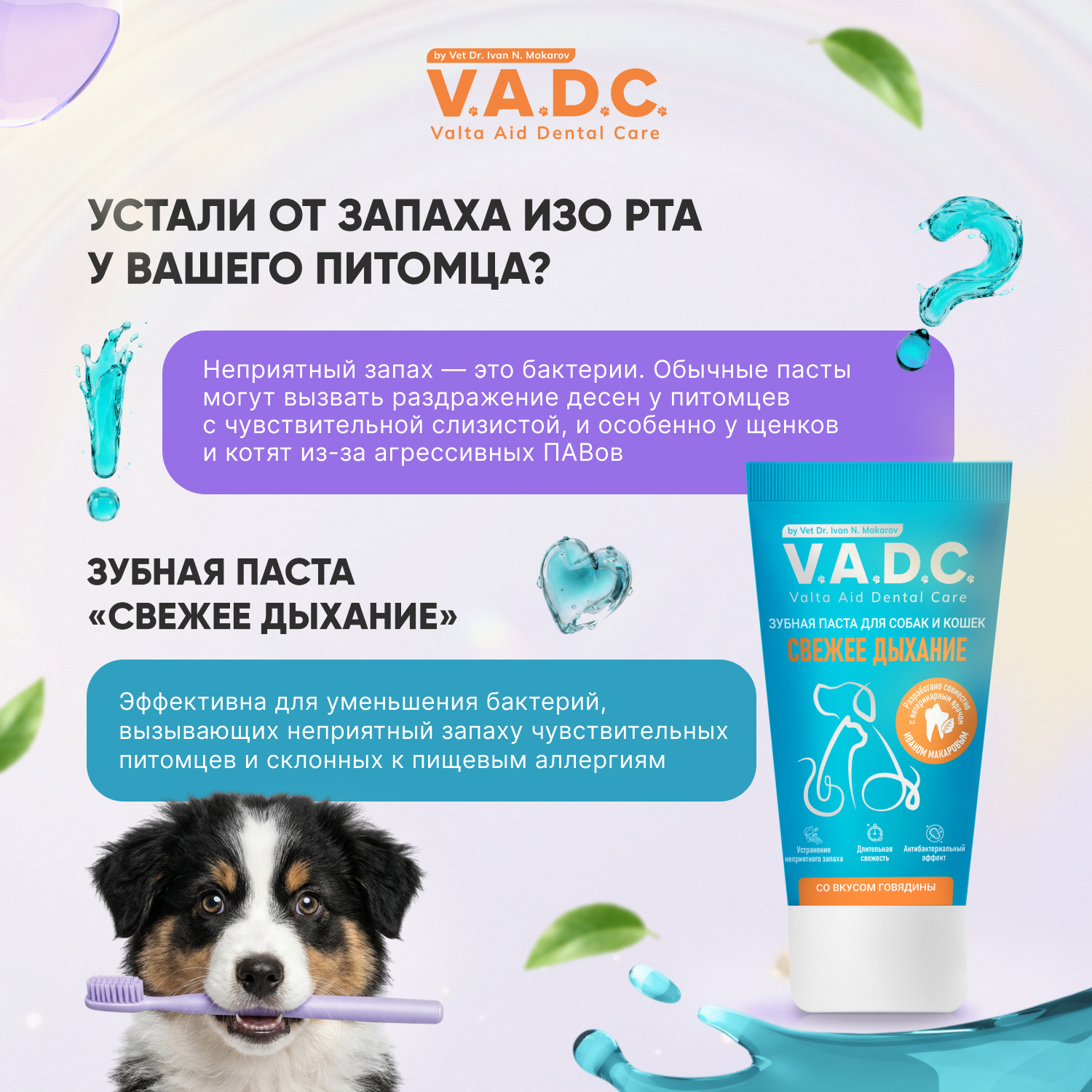 V.A.D.C. (ВИ.ЭЙ.ДИ.ЭС.) «Свежесть дыхания» зубная паста с ароматом говядины для собак и кошек, 50 мл