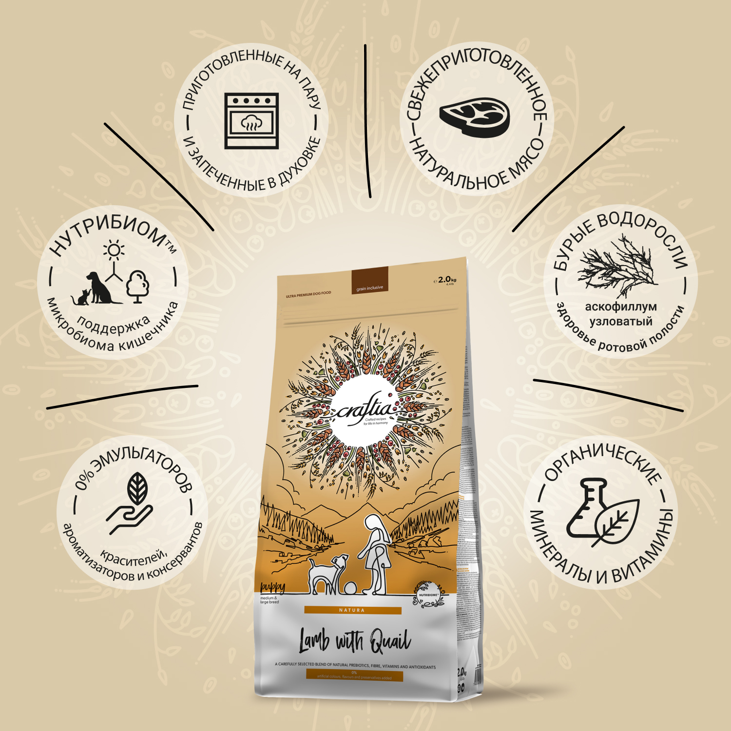 Сухой корм CRAFTIA NATURA для щенков средних и крупных пород из ягненка с перепелкой 2 кг