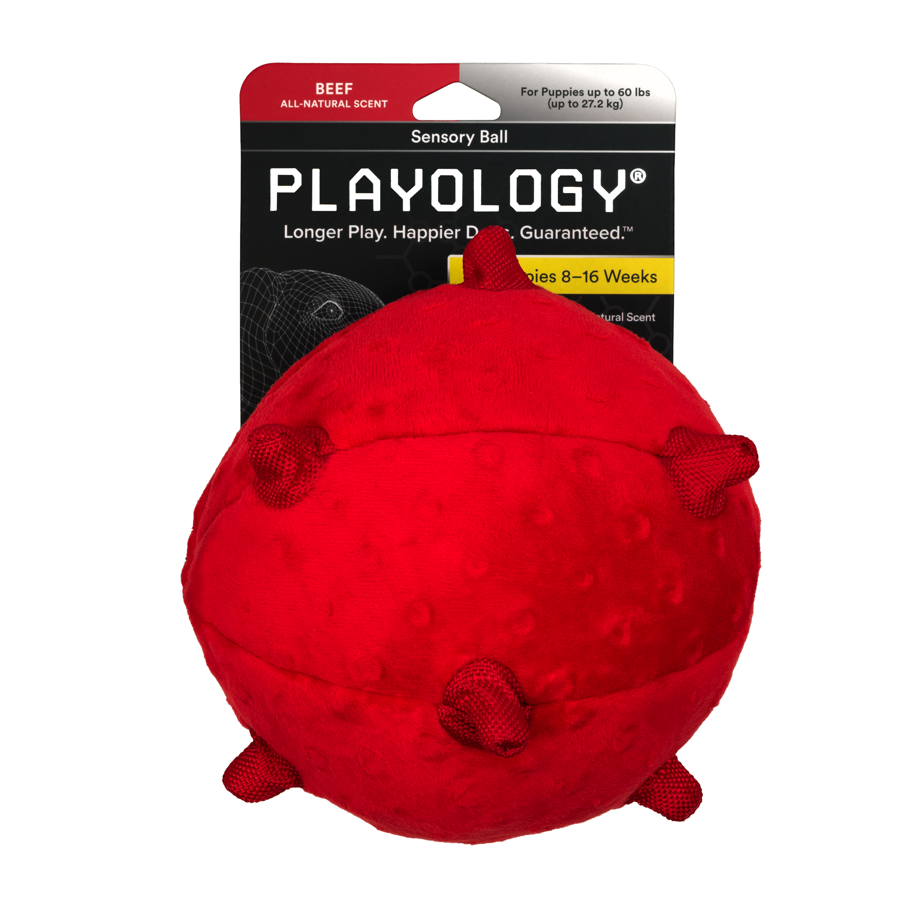 Сенсорный плюшевый мяч Playology PUPPY SENSORY BALL 15 см для щенков средних и крупных пород 8-16 недель с ароматом говядины, цвет красный СКИДКА 50%