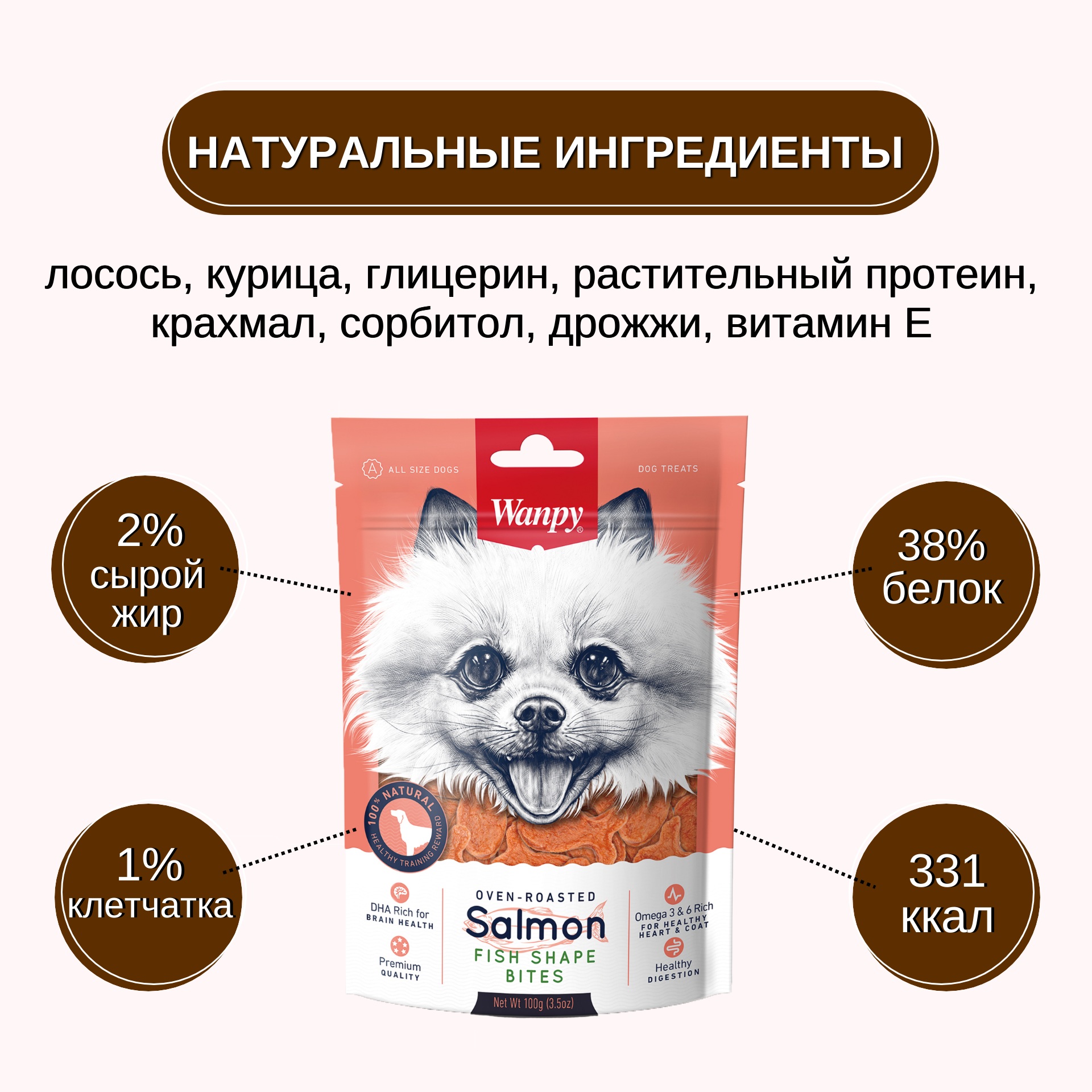 Wanpy Dog лакомые кусочки из нежного лосося в форме рыбок 100 г