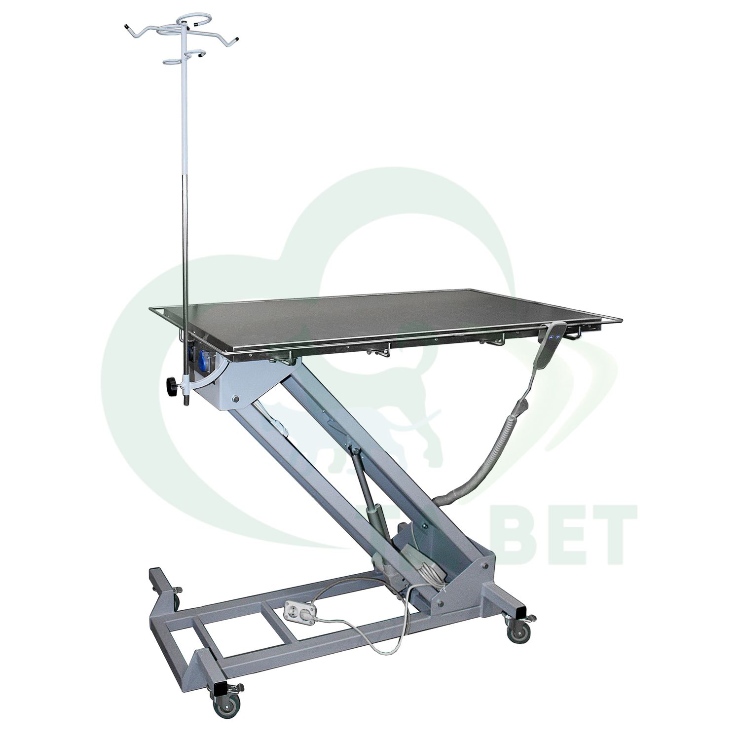ТД ВЕТ Стол ветеринарный хирургический Vetbot-112 со штативом, 1300(1470)х600х(270-1030h),с колесами (каркас MUAR, пульт ножной)
