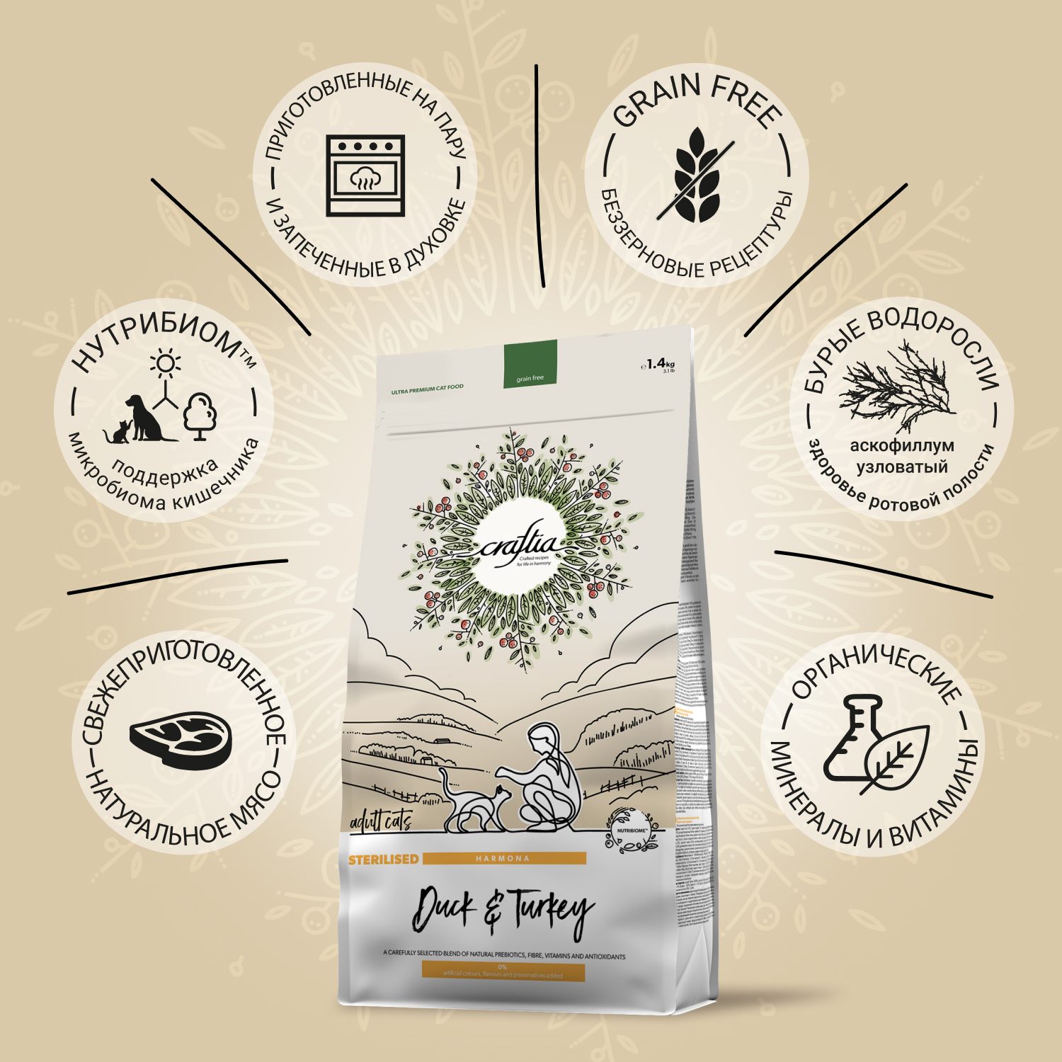 Сухой корм CRAFTIA HARMONA для стерилизованных кошек из утки и индейки 1,4 кг