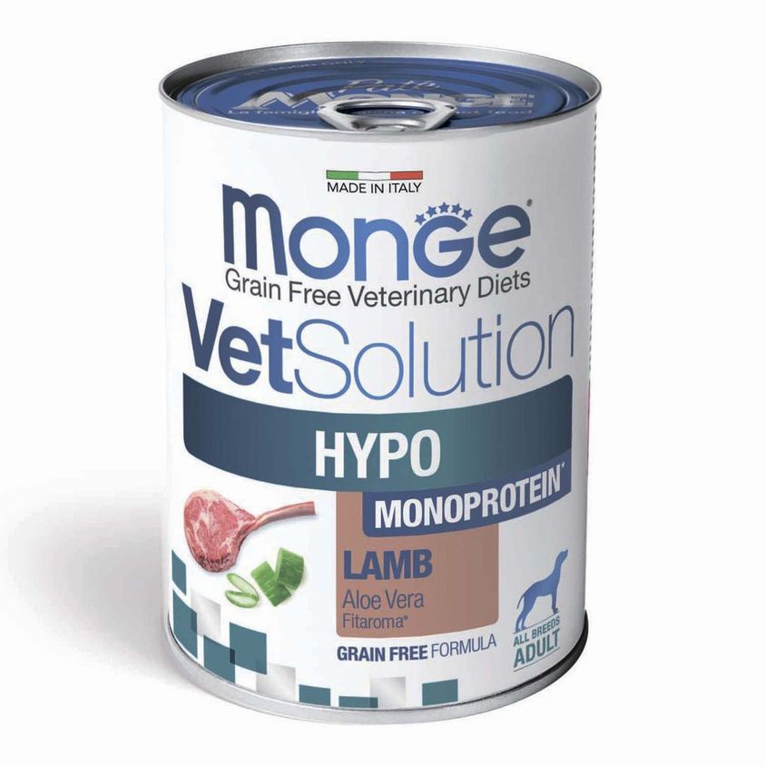 Диетический корм Monge VetSolution Dog Hypo Monoprotein LAMB Гипо монопротеин с ягнёнком для собак для снижения реакции пищевой непереносимости 400г