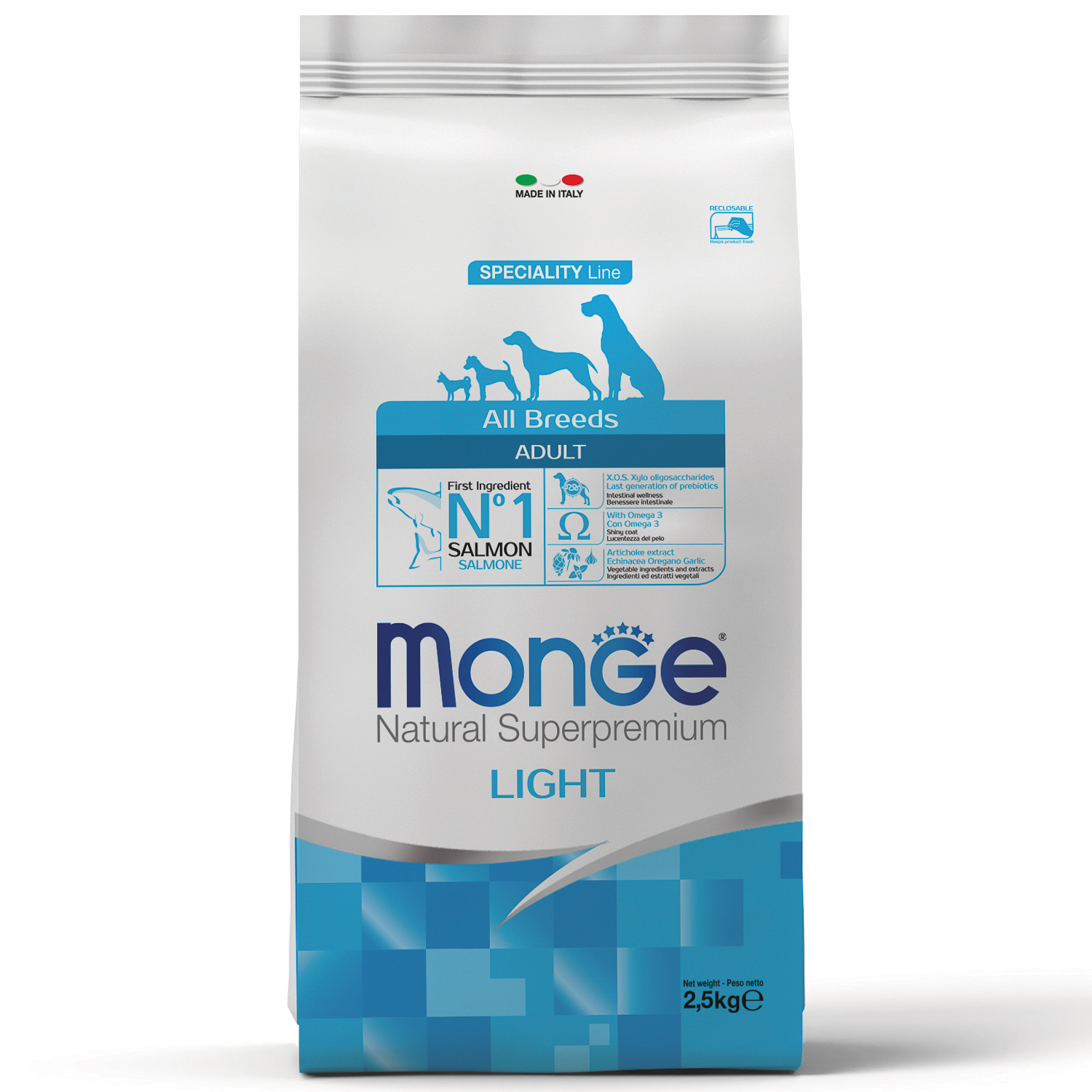 Сухой корм Monge Dog Speciality Line Light для взрослых собак всех пород, низкокалорийный, лосось с рисом 2,5 кг