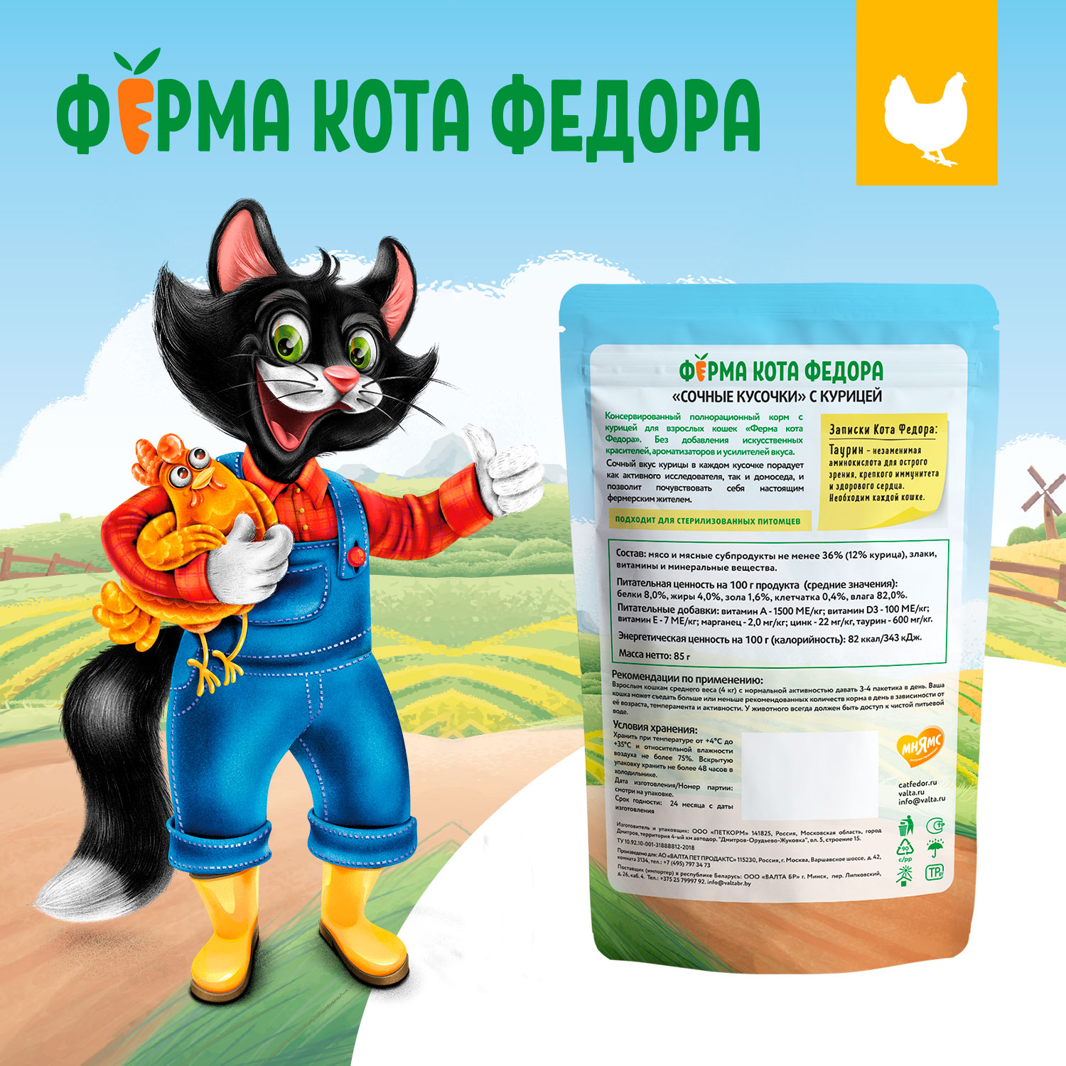 Влажный корм Ферма кота Фёдора сочные кусочки для кошек с курицей 85г