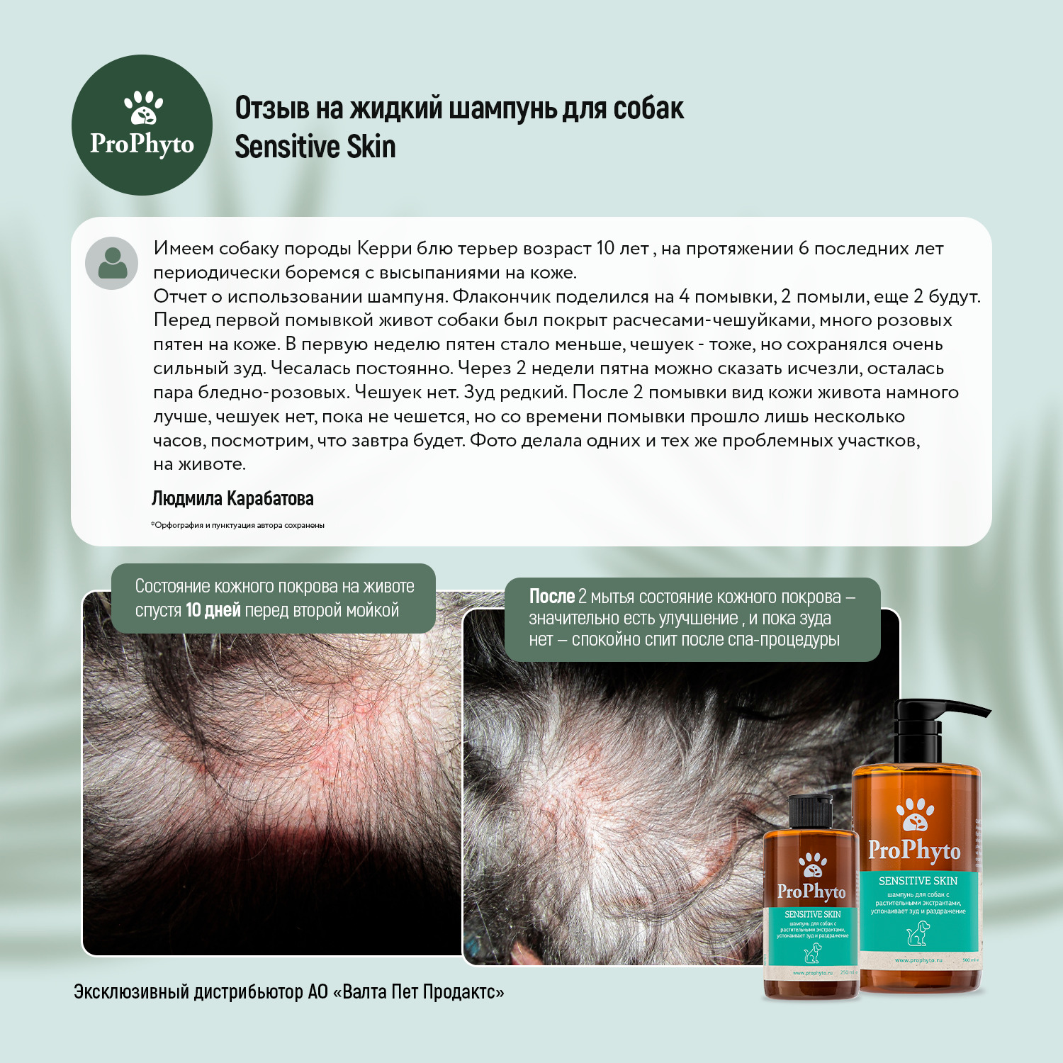 Жидкий шампунь ProPhyto SENSITIVE SKIN SHAMPOO для собак с растительными экстрактами,которые успокаивают зуд и раздражение, 500 мл
