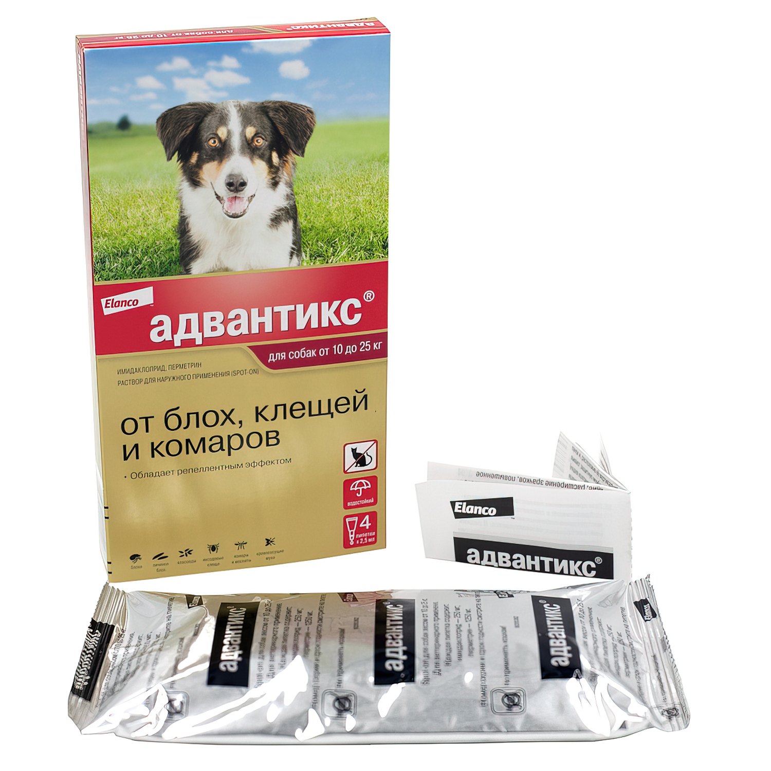 Bayer Адвантикс 250 С для собак 10-25 кг от блох, клещей и комаров (4 пипетки х 2,5 мл)