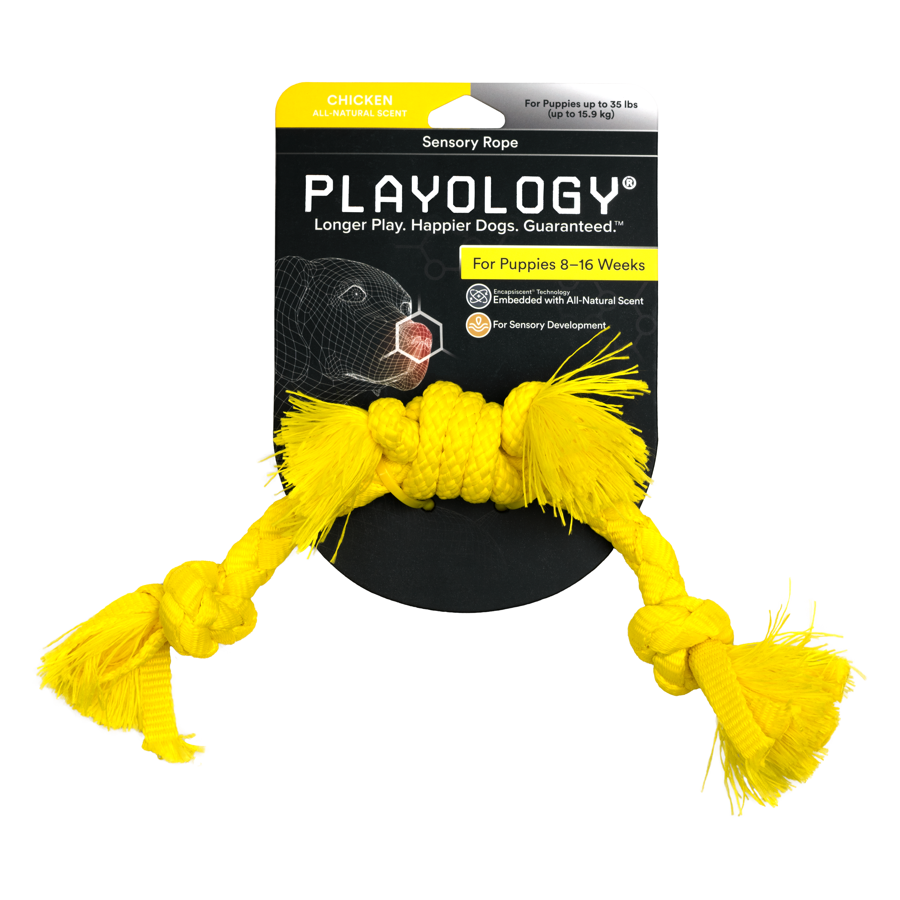 Playology сенсорный канат PUPPY SENSORY ROPE для щенков мелких и средних пород 8-16 недель с ароматом курицы, цвет желтый СКИДКА 50%