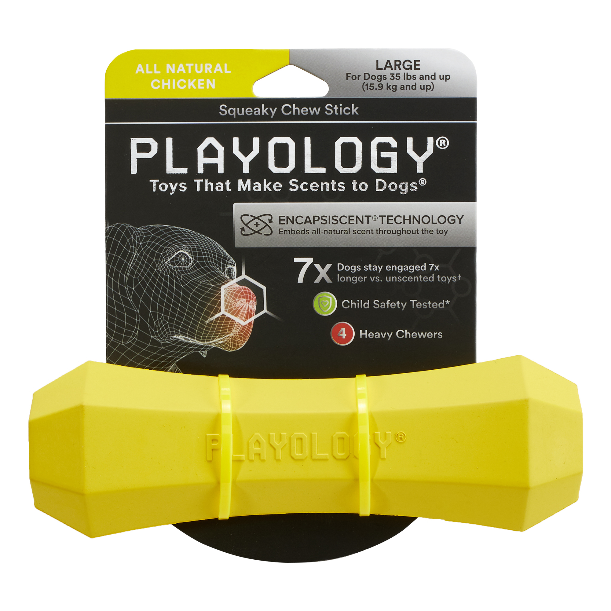 Playology  жевательная палочка SQUEAKY CHEW STICK для собак средних и крупных пород с ароматом курицы, большая, цвет желтый СКИДКА 50%