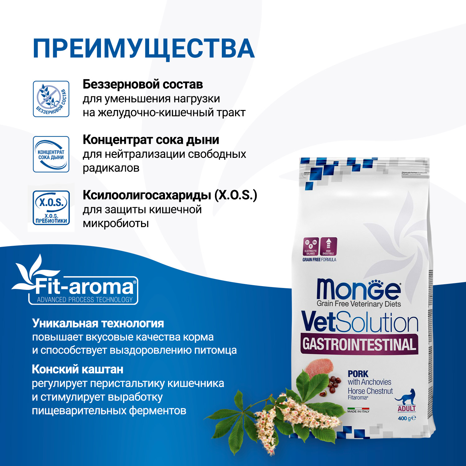 Диетический корм Monge VetSolution Cat Gastrointestinal гастро интестинал для кошек при заболеваниях ЖКТ 400 г
