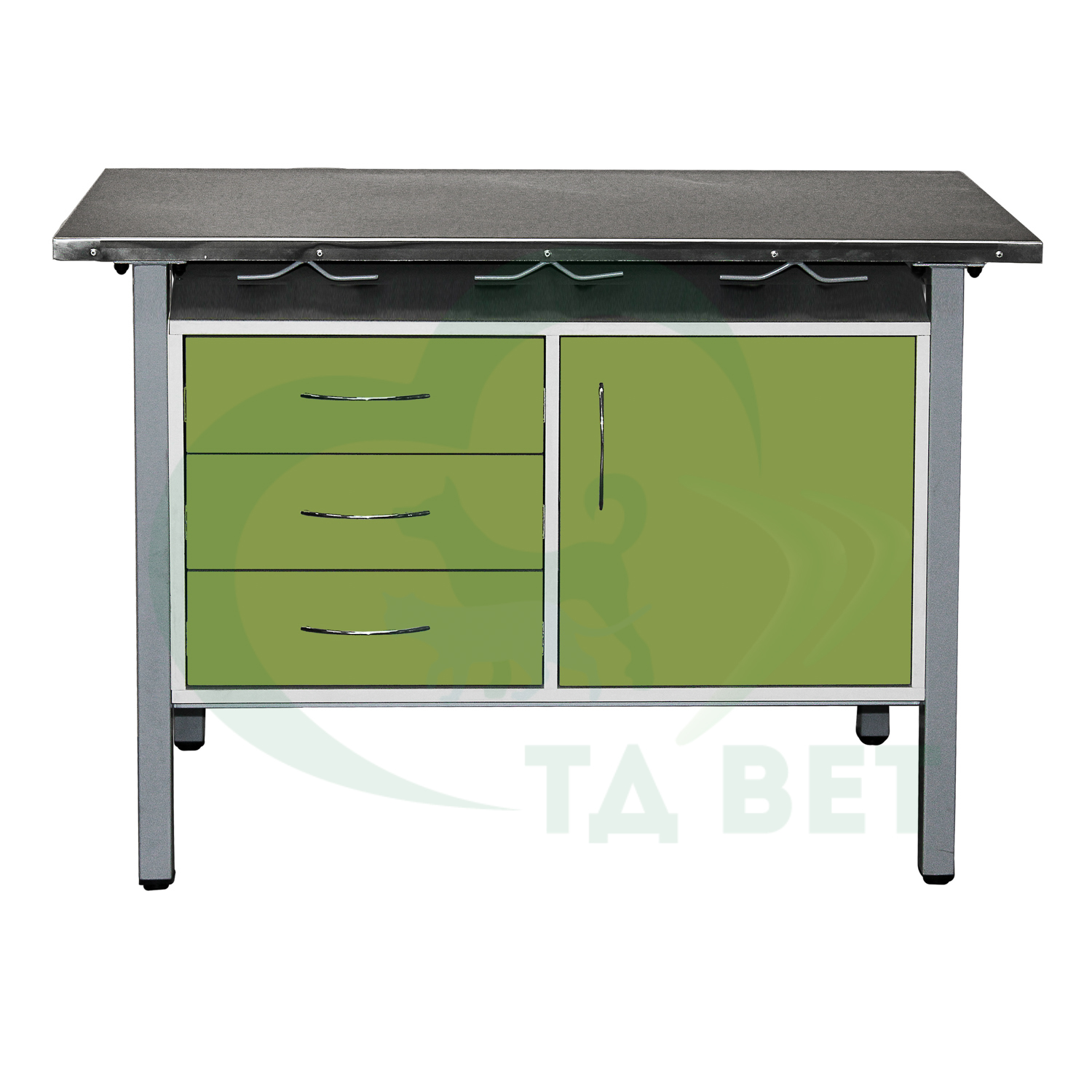 ТД ВЕТ Стол ветеринарный универсальный СВУ-3.08,столешница HPL (цвет серый-меланж) 1300х600х900 мм (фасад зеленый киви)