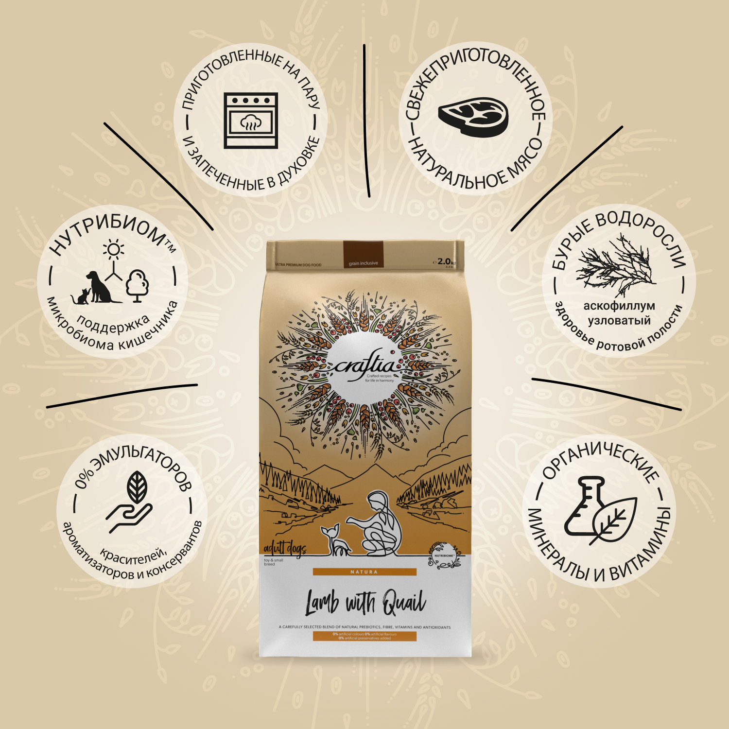 Сухой корм CRAFTIA NATURA для взрослых собак миниатюрных и мелких пород из ягненка с перепелкой 2 кг