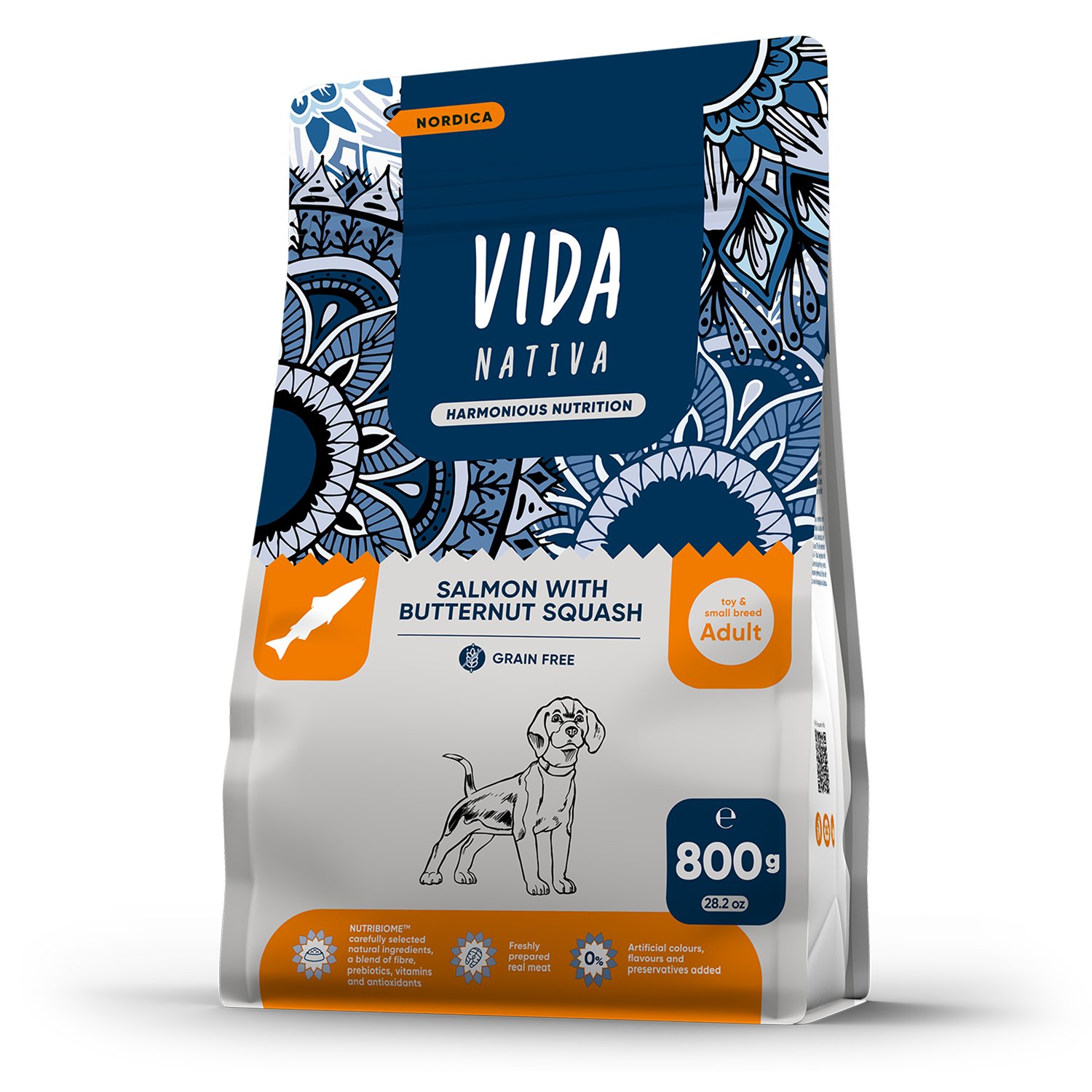 Сухой корм VIDA NATIVA для взрослых собак миниатюрных и мелких пород из лосося с мускатной тыквой 800 г
