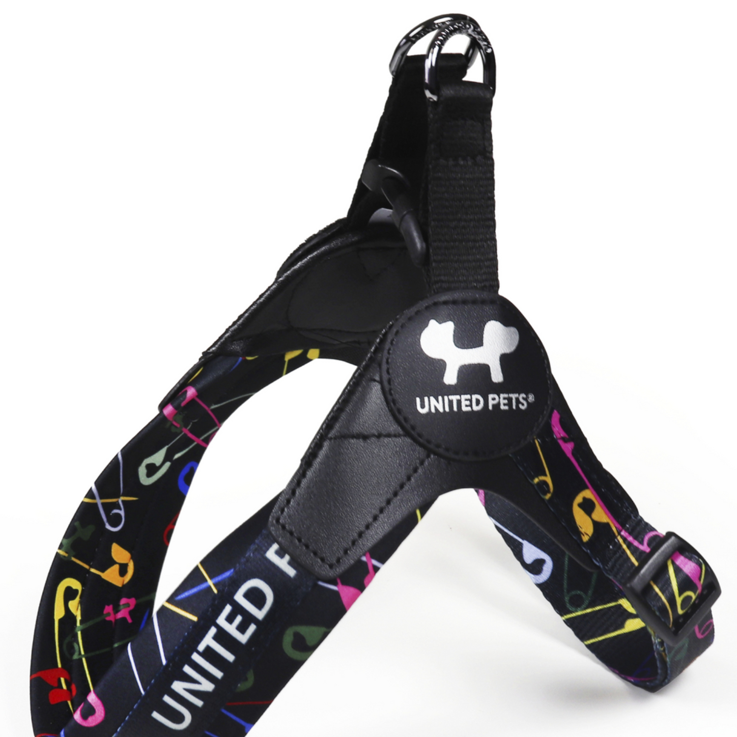 Шлейка United Pets для собак Complete me 1.5 - XS 34-42, черный с разноцветными булавками СКИДКА 30%