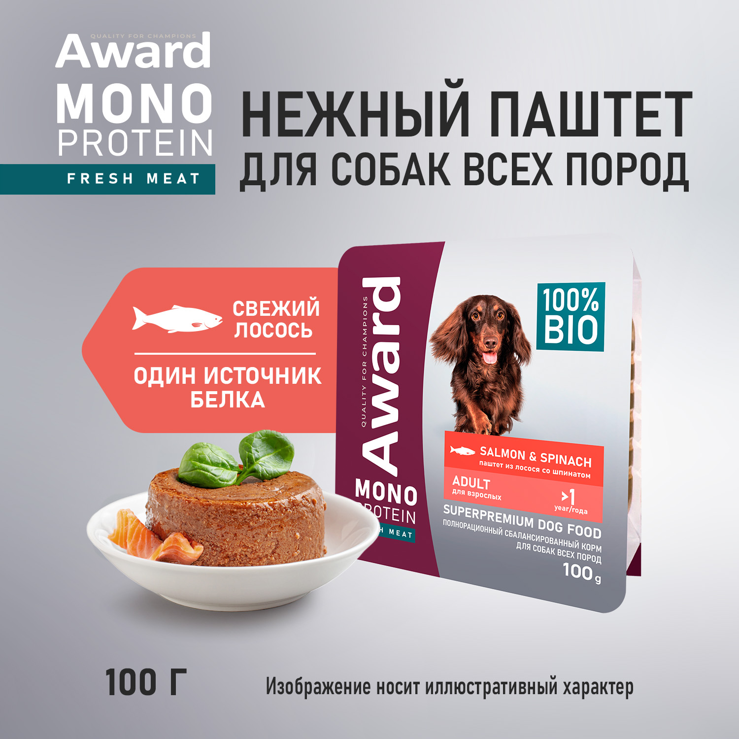 Влажный корм AWARD Monoprotein для взрослых собак паштет из лосося со шпинатом 100г