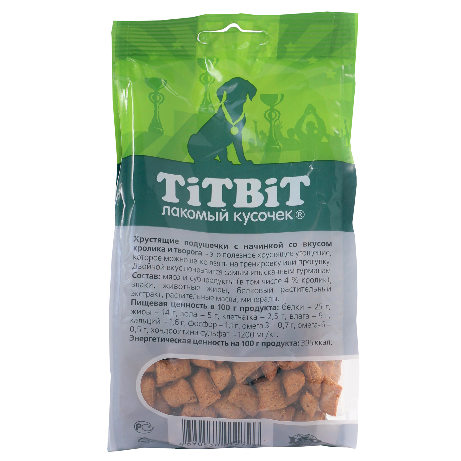 Лакомство TiTBiT Хрустящие подушечки для щенков с начинкой со вкусом кролика и творога 95 г