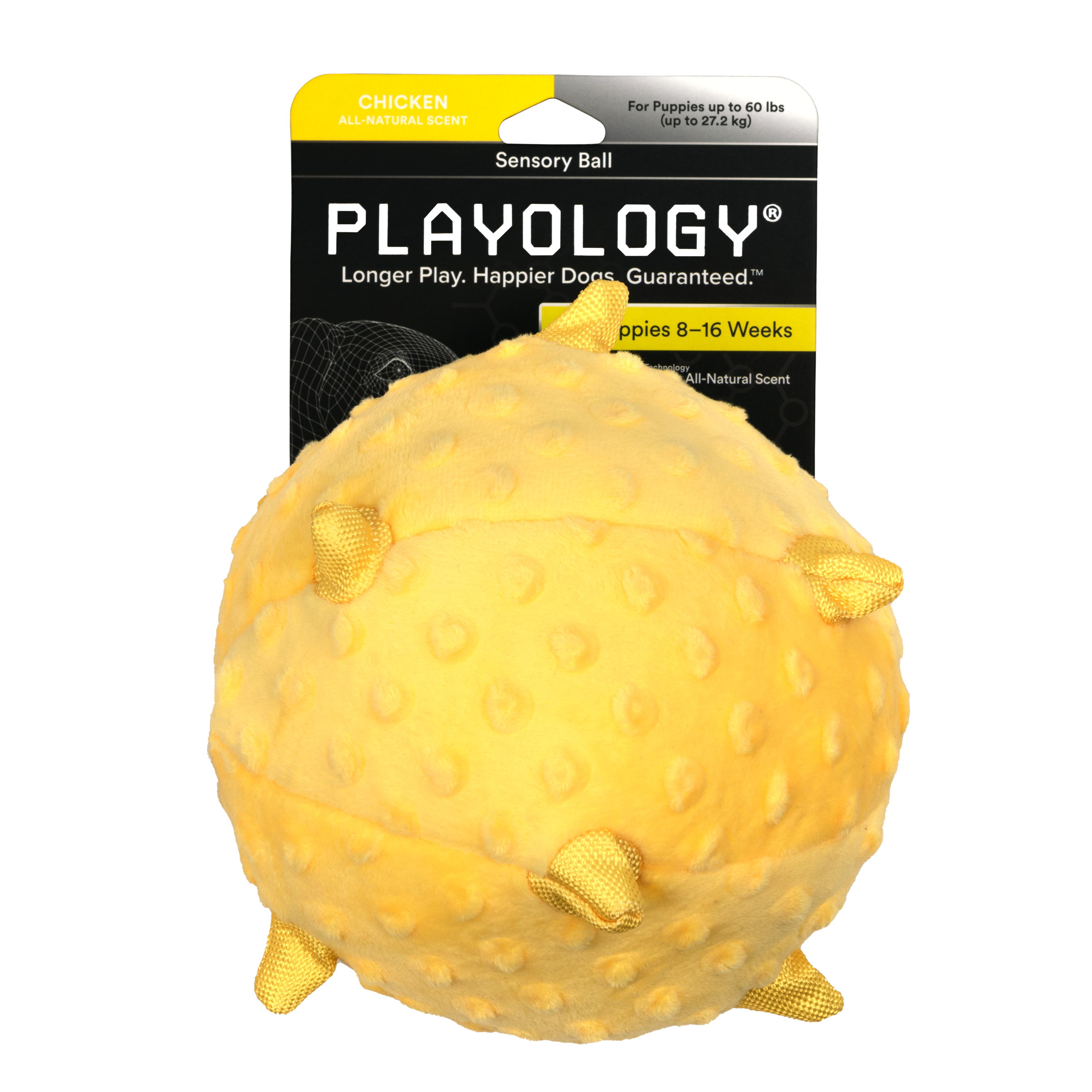 Сенсорный плюшевый мяч Playology PUPPY SENSORY BALL 15 см для щенков средних и крупных пород 8-16 недель с ароматом курицы, цвет желтый СКИДКА 50%