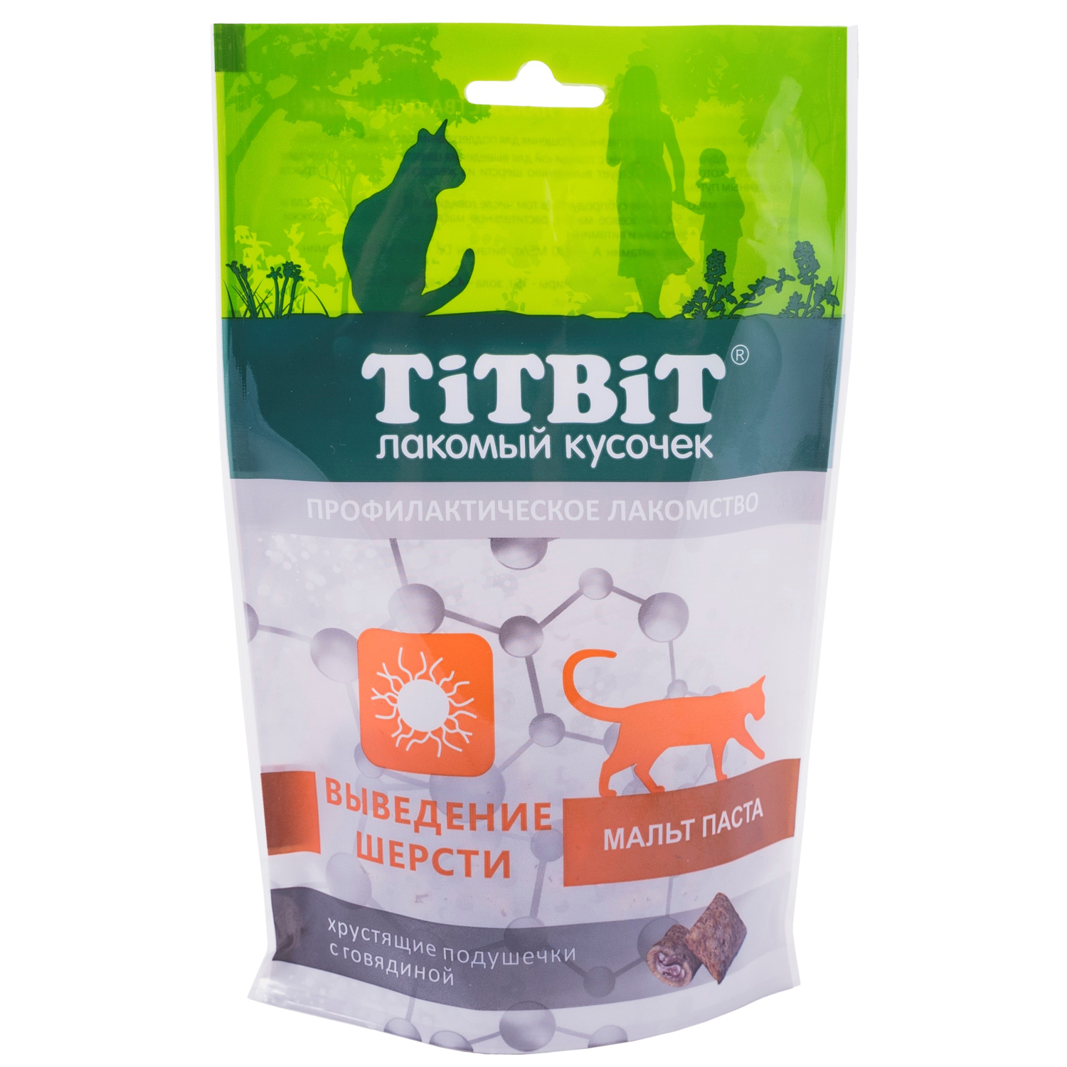 Лакомство TiTBiT Хрустящие подушечки для кошек с говядиной для выведения шерсти 60 г
