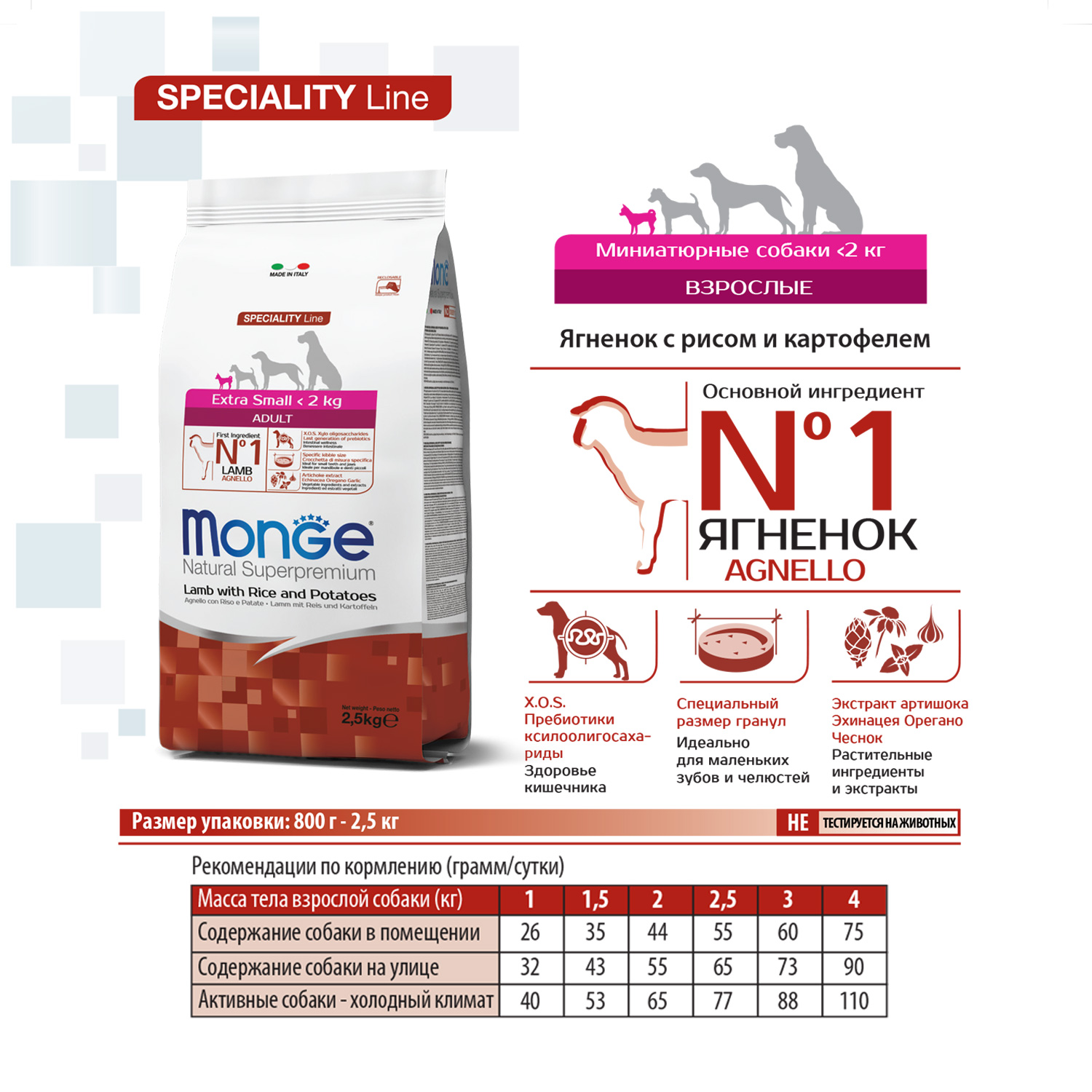Сухой корм Monge Dog Speciality Line Extra Small для взрослых собак миниатюрных пород ягненок с рисом и картофелем 800 г