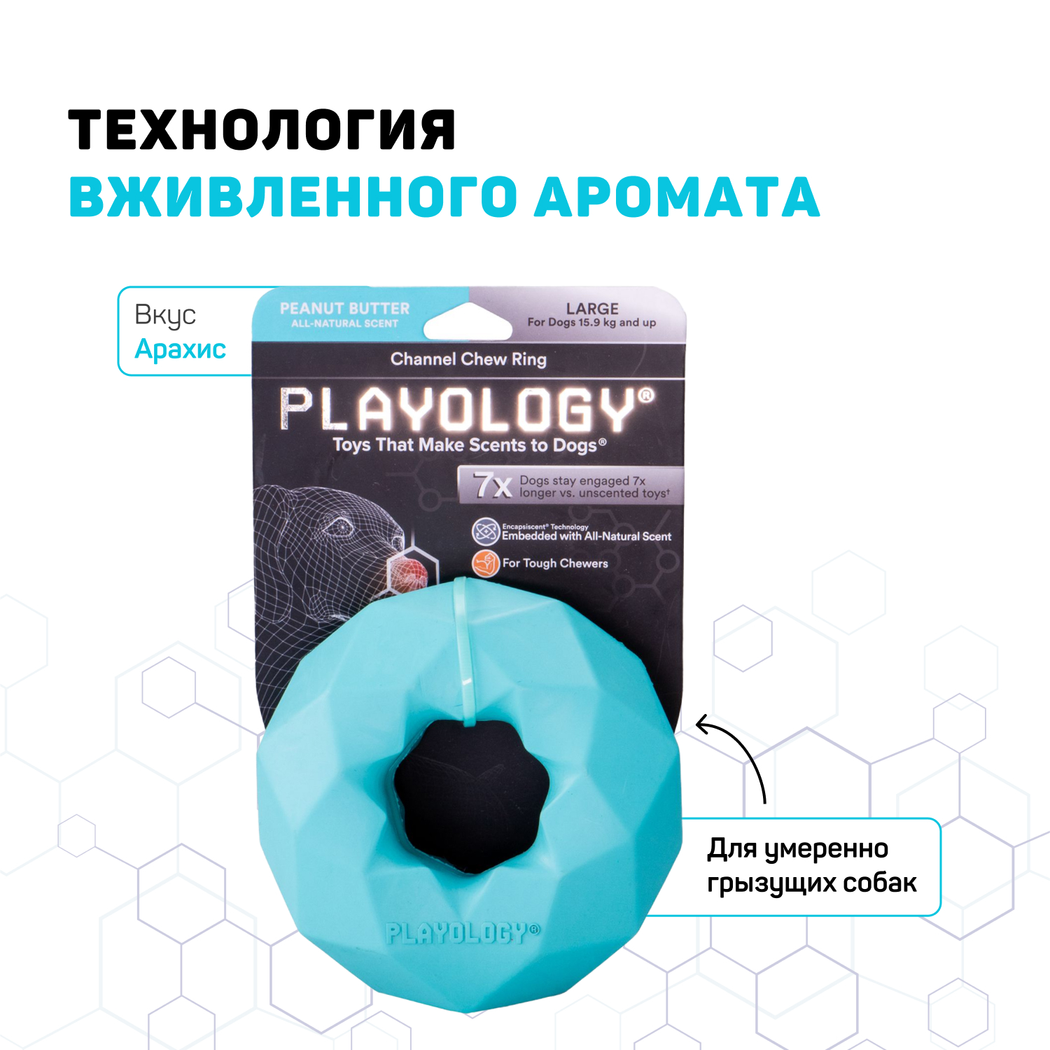 Playology  жевательное кольцо-многогранник CHANNEL CHEW RING для собак средних и крупных пород с ароматом арахиса, цвет голубой СКИДКА 50%