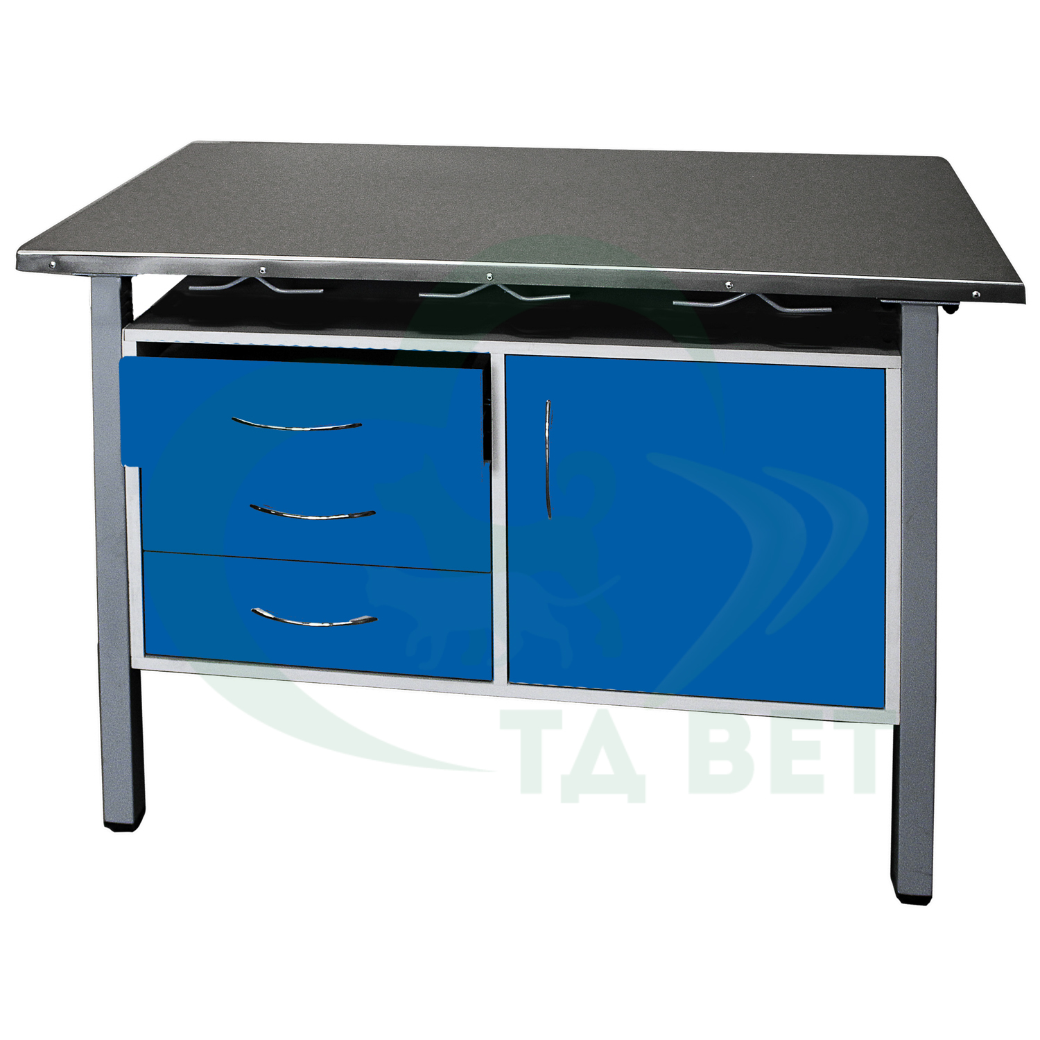 ТД ВЕТ Стол ветеринарный универсальный СВУ-3.08,столешница HPL (цвет серый-меланж) 1300х600х900 мм (фасад делфт-голубой)