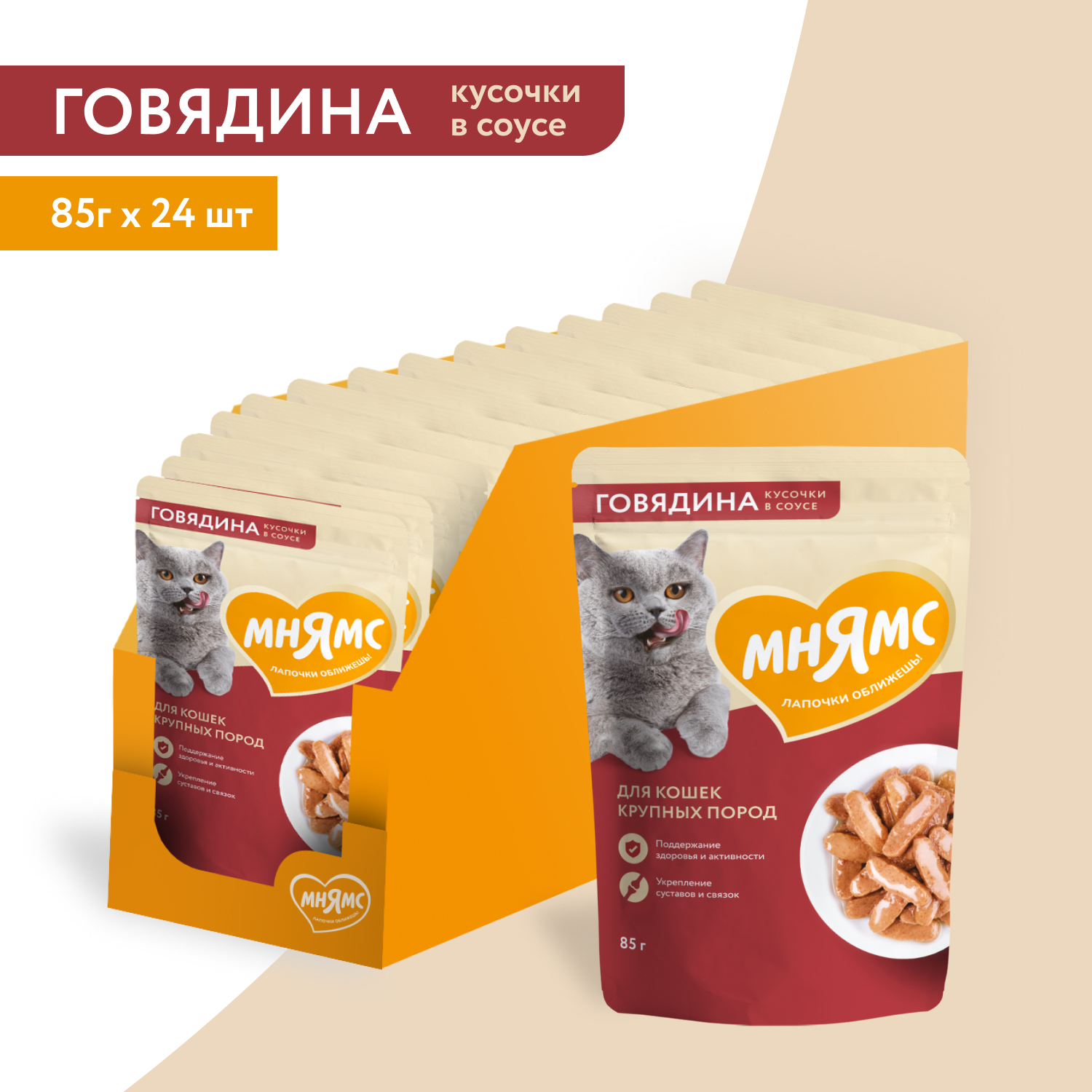 Влажный корм Мнямс На каждый день Кусочки в соусе с говядиной для крупных кошек 85 г