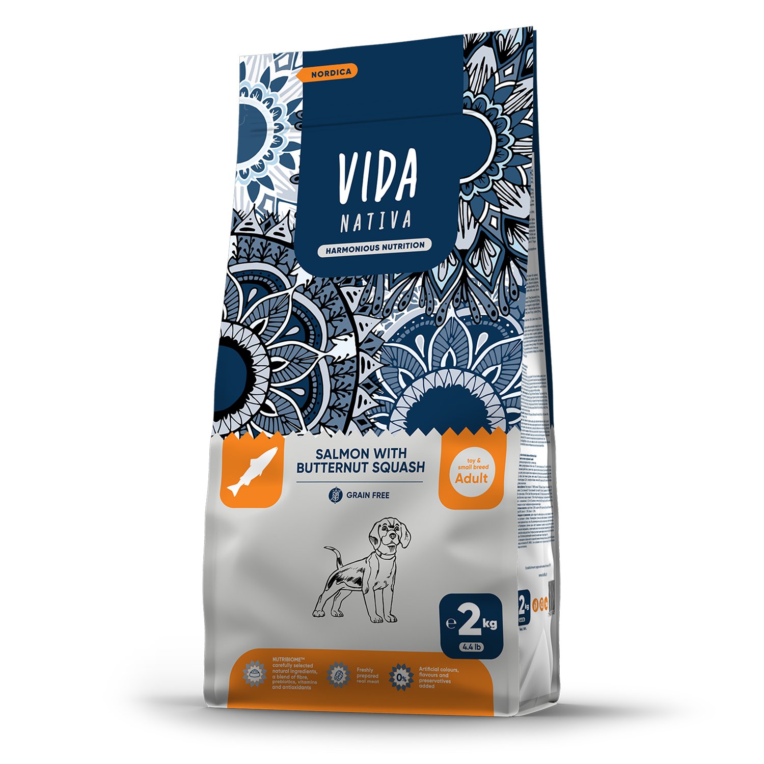 Сухой корм VIDA NATIVA для взрослых собак миниатюрных и мелких пород из лосося с мускатной тыквой 2 кг
