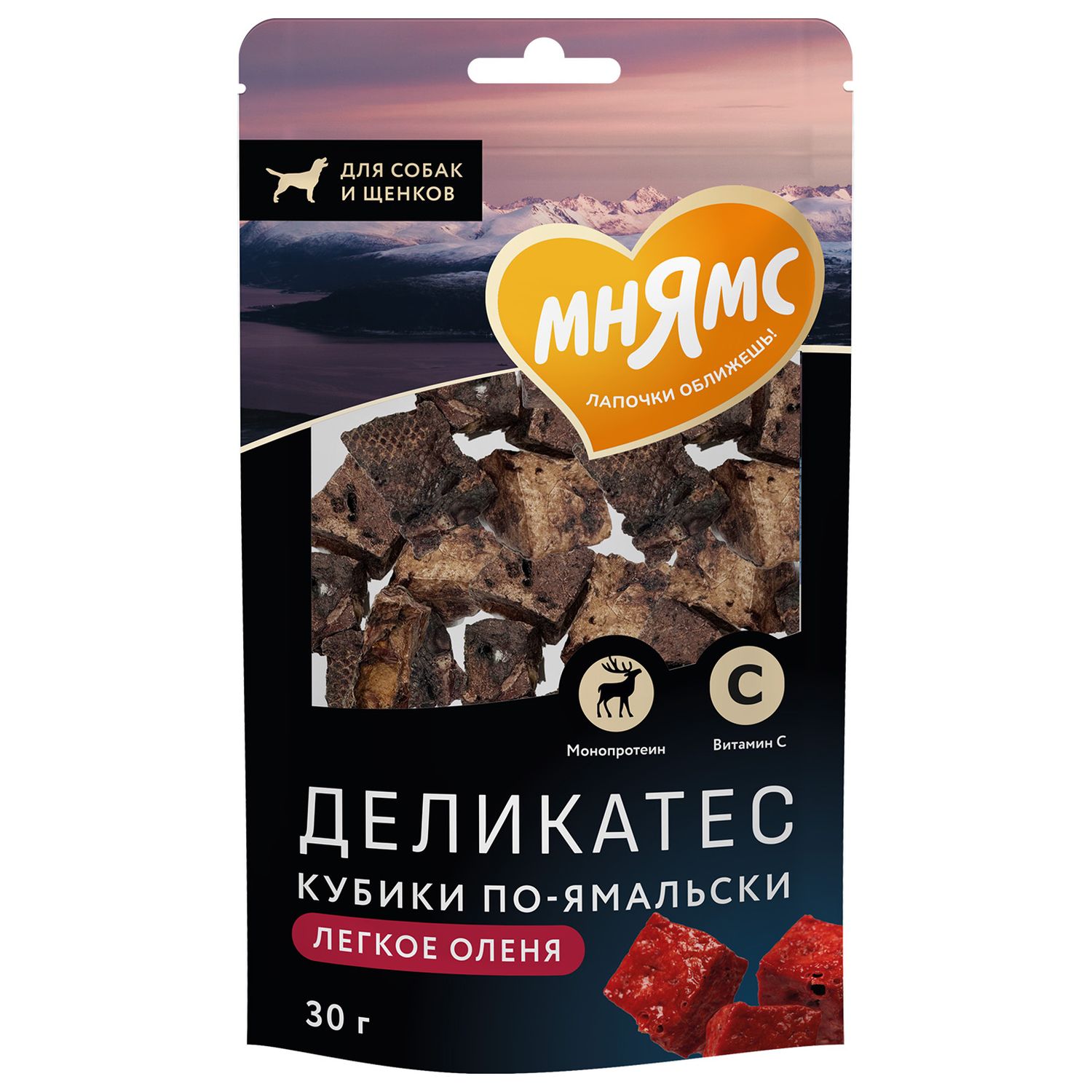 Лакомство Мнямс Деликатес «Кубики по-ямальски» из легкого северного оленя для собак 30 г