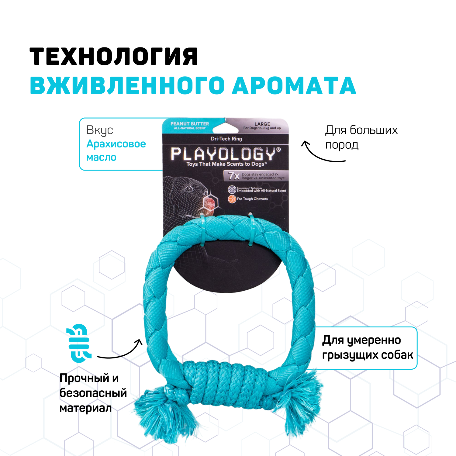 Playology  жевательное кольцо-канат DRI-TECH RING для собак средних и крупных пород с ароматом арахиса, цвет голубой СКИДКА 50%