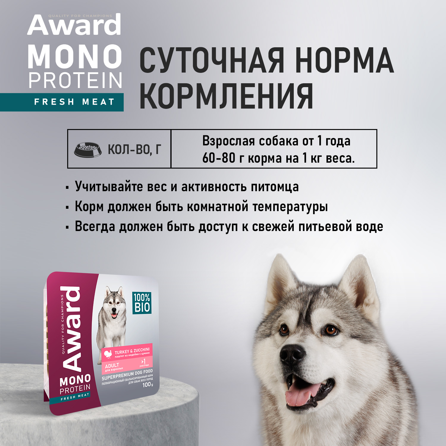 Влажный корм AWARD Monoprotein для взрослых собак паштет из индейки с цукини 100г