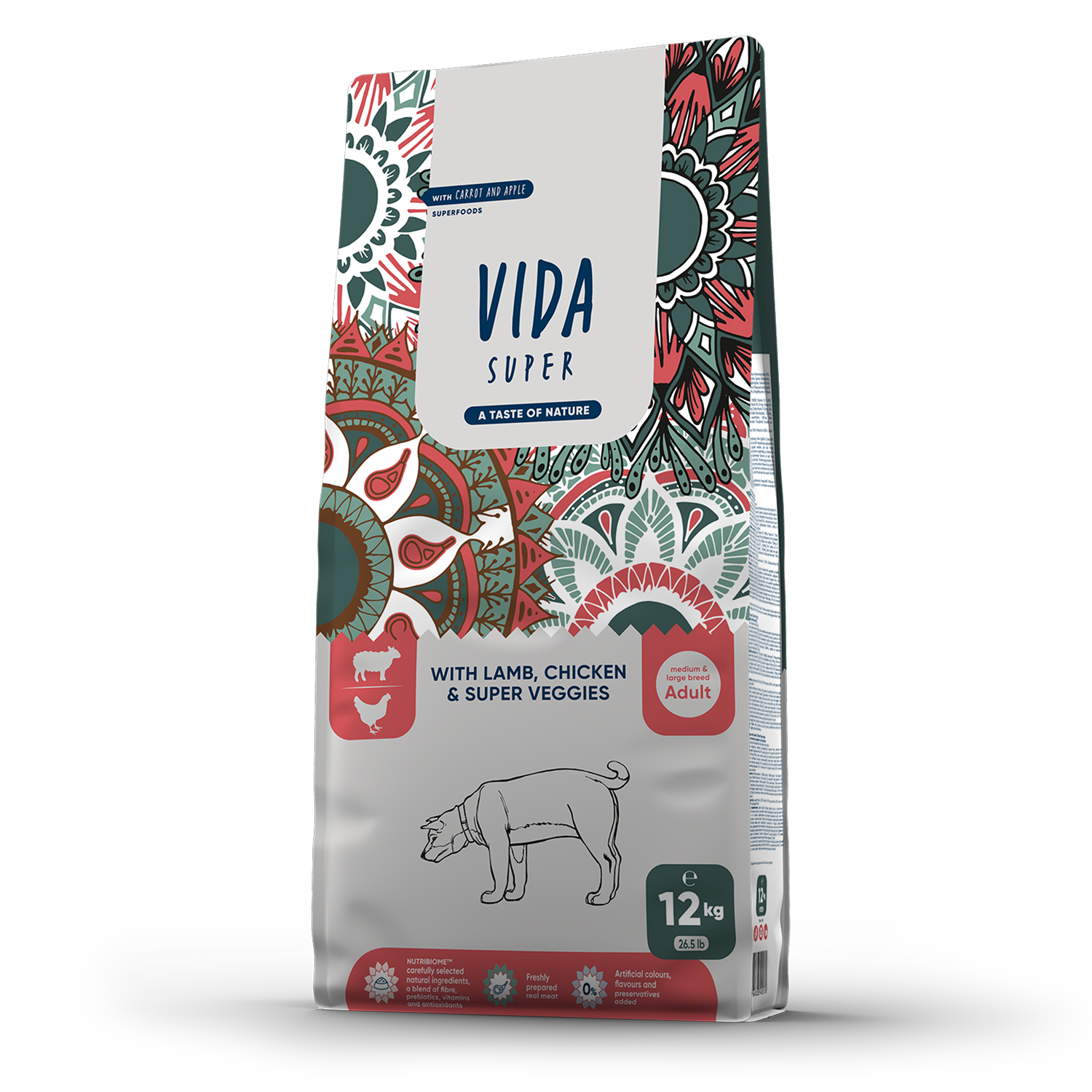 Сухой корм VIDA SUPER для взрослых собак средних и крупных пород из ягненка и курицы с овощами 12 кг