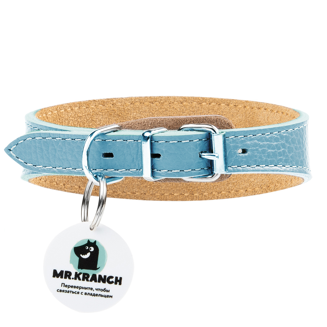 Ошейник-селедка Mr.Kranch для собак из натуральной кожи с QR-адресником 24-30см бирюзовый СКИДКА 50%