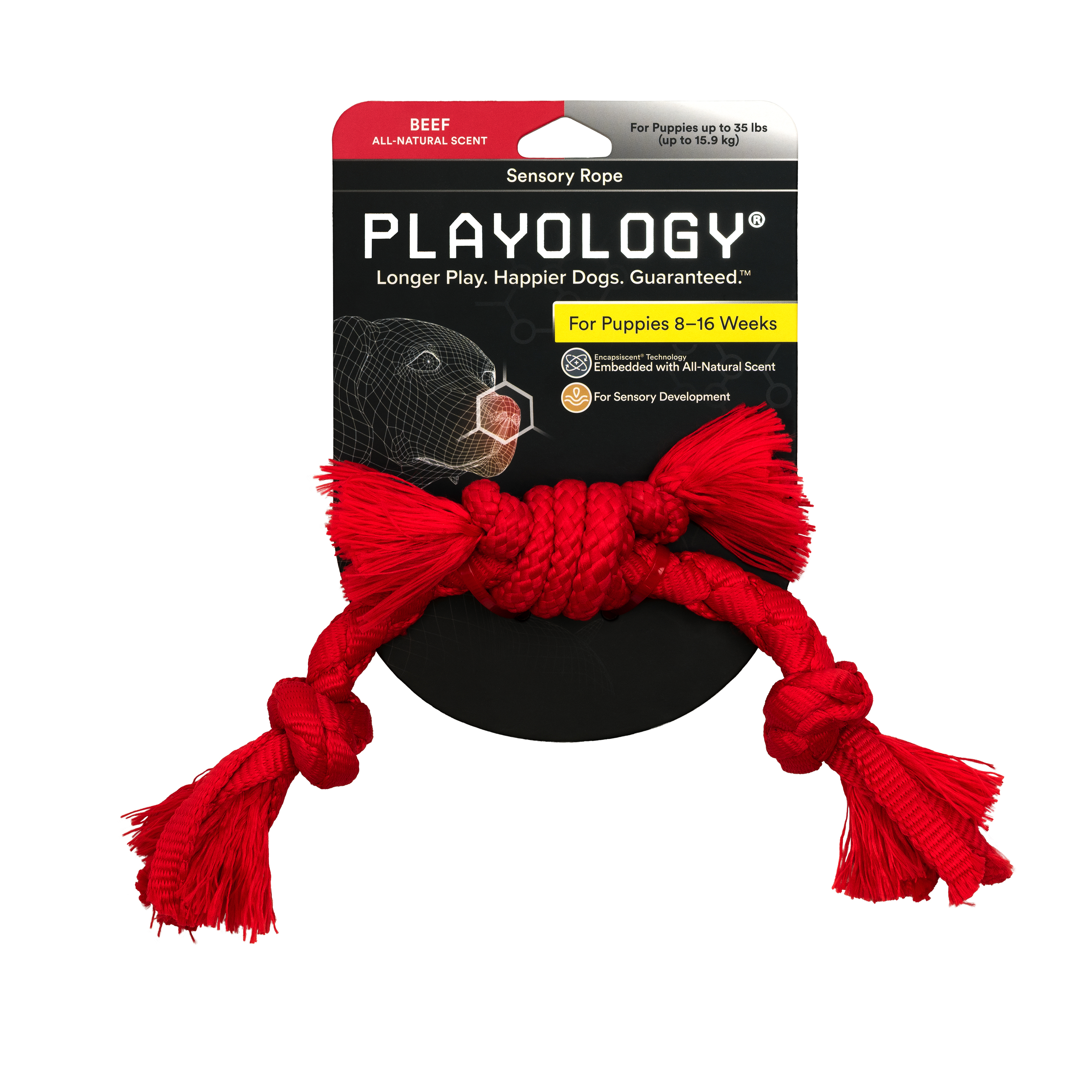 Playology сенсорный канат PUPPY SENSORY ROPE для щенков мелких и средних пород 8-16 недель с ароматом говядины, цвет красный СКИДКА 50%