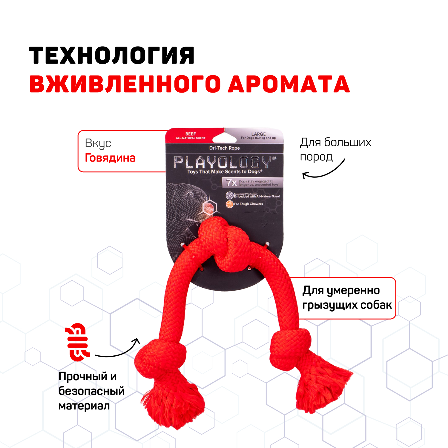 Playology жевательный канат DRI-TECH ROPE для собак средних пород с ароматом говядины, средний, цвет красный СКИДКА 50%